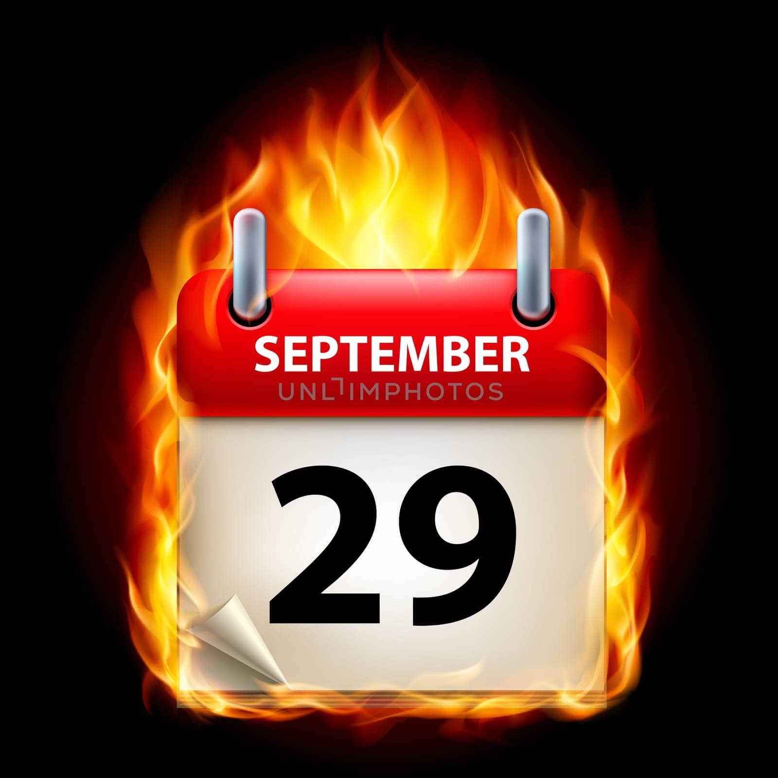 Twenty-ninth September in Calendar. Burning Icon on black background