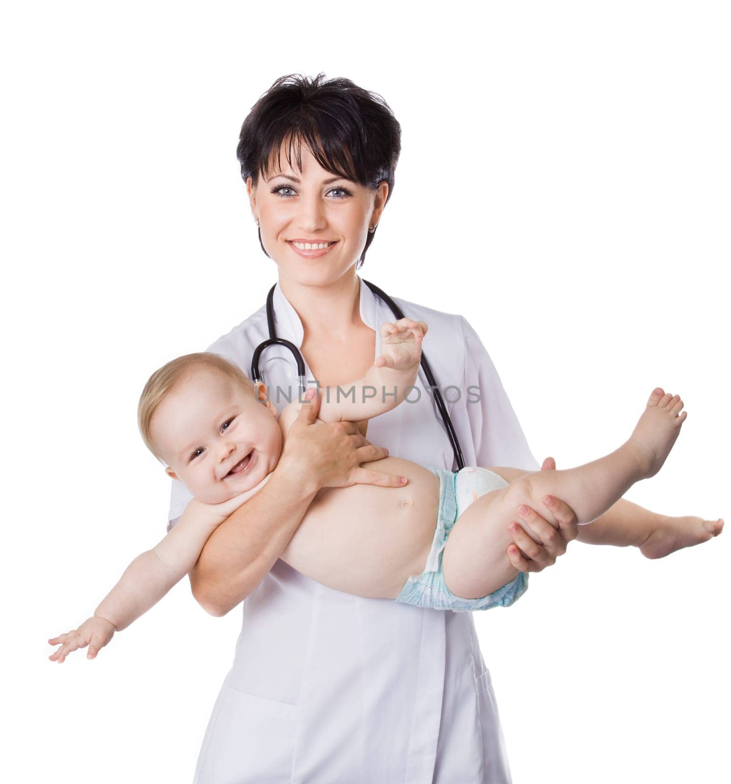beautiful doctor and baby on a white background.