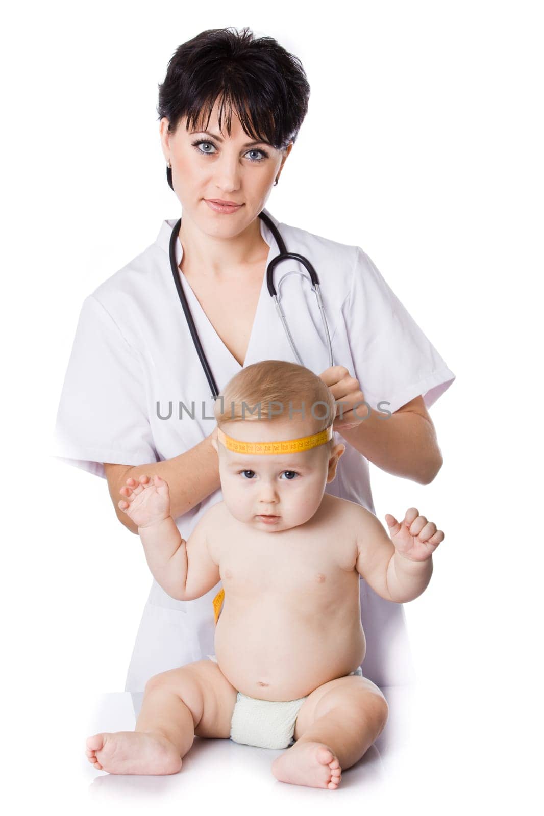 beautiful doctor and baby on a white background.