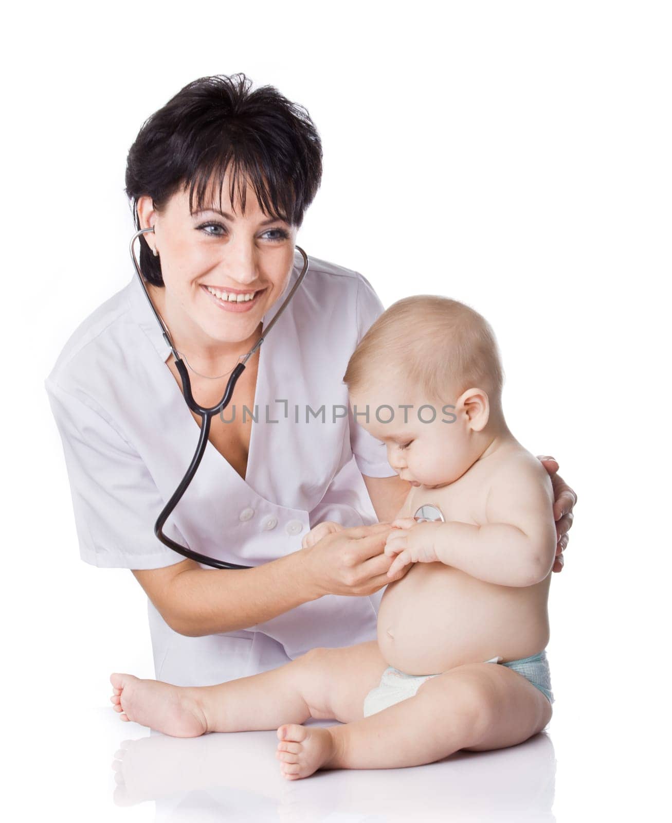 beautiful doctor and baby on a white background.