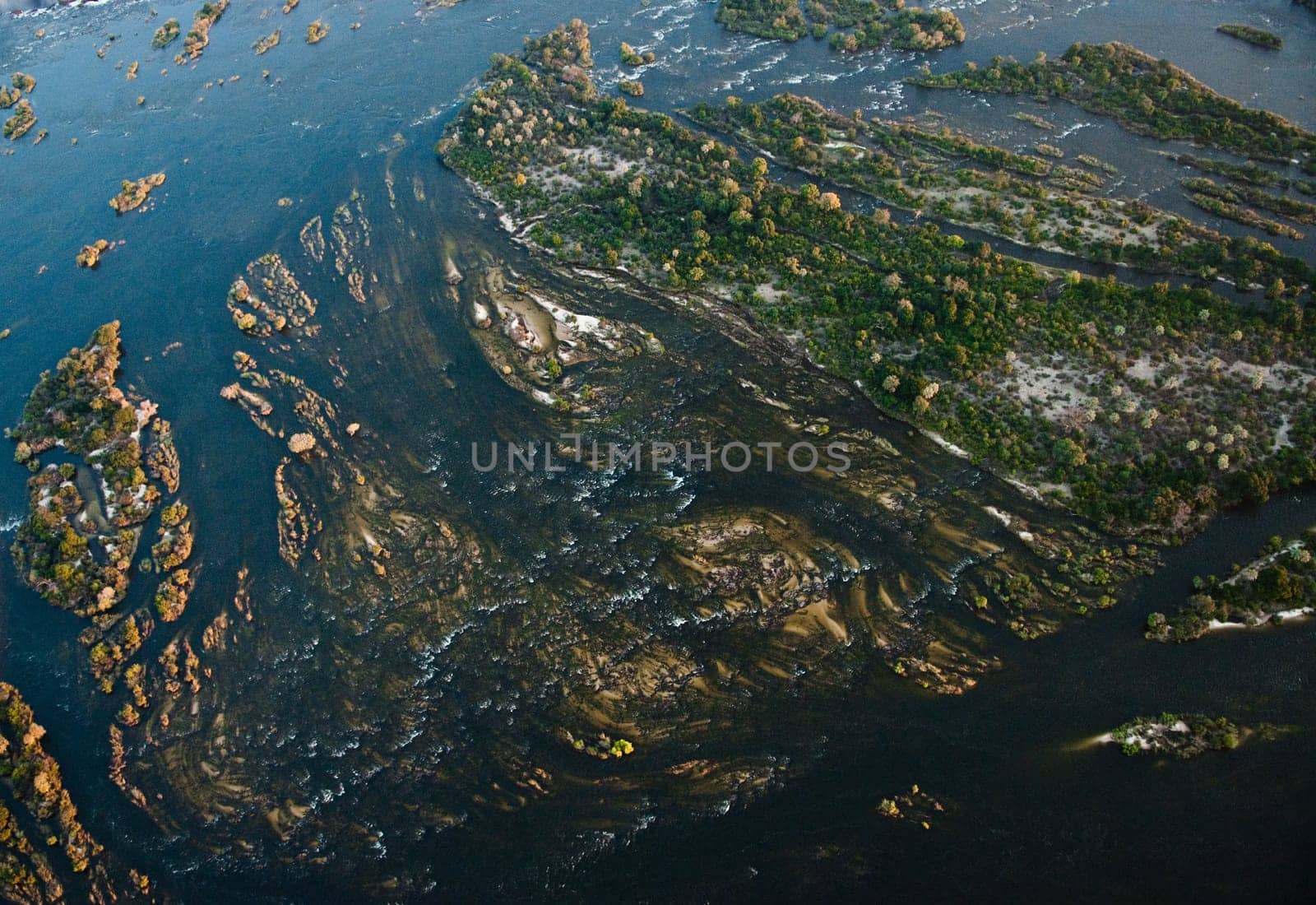 Aerial view of the Zambezi river with riverboats