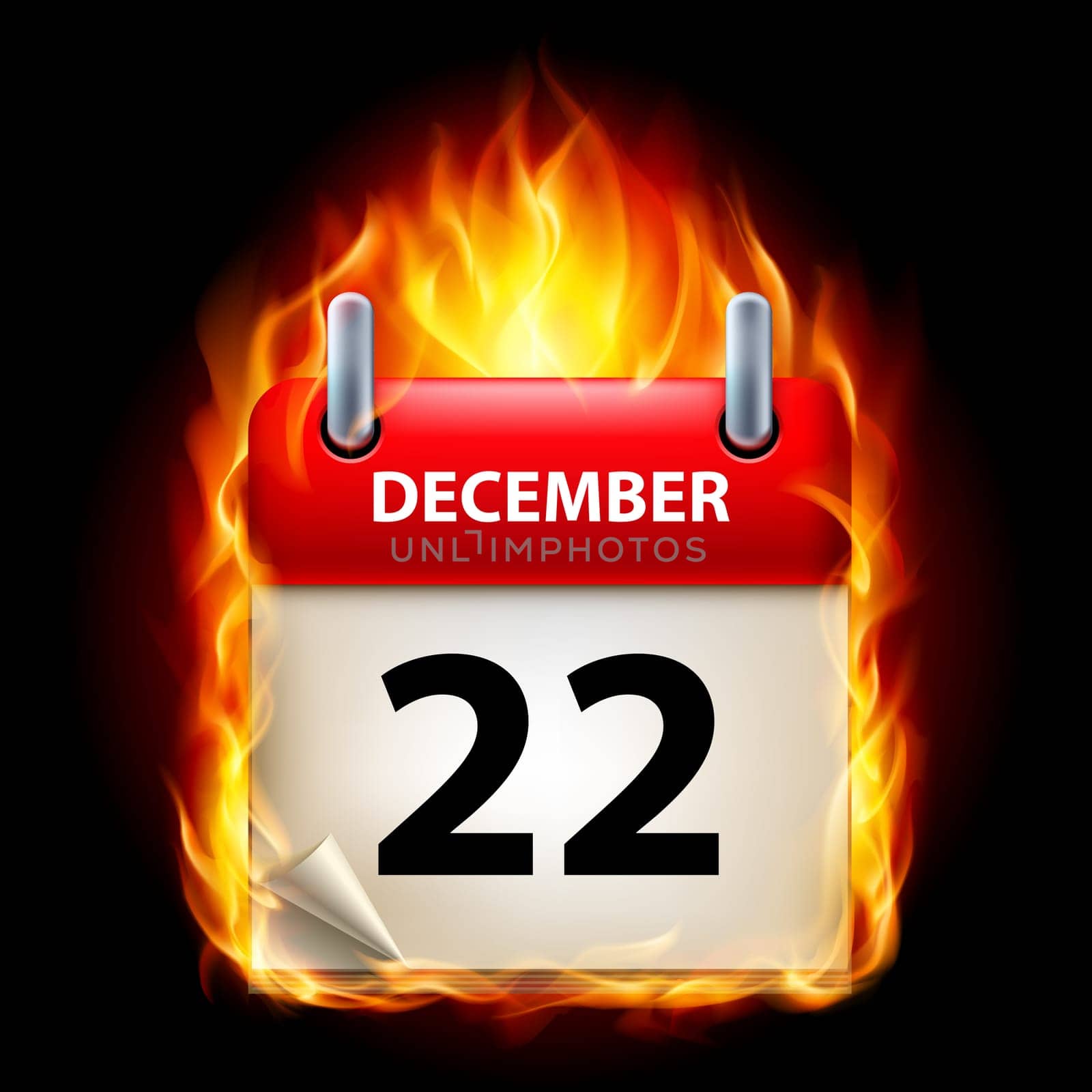Twenty-second December in Calendar. Burning Icon on black background