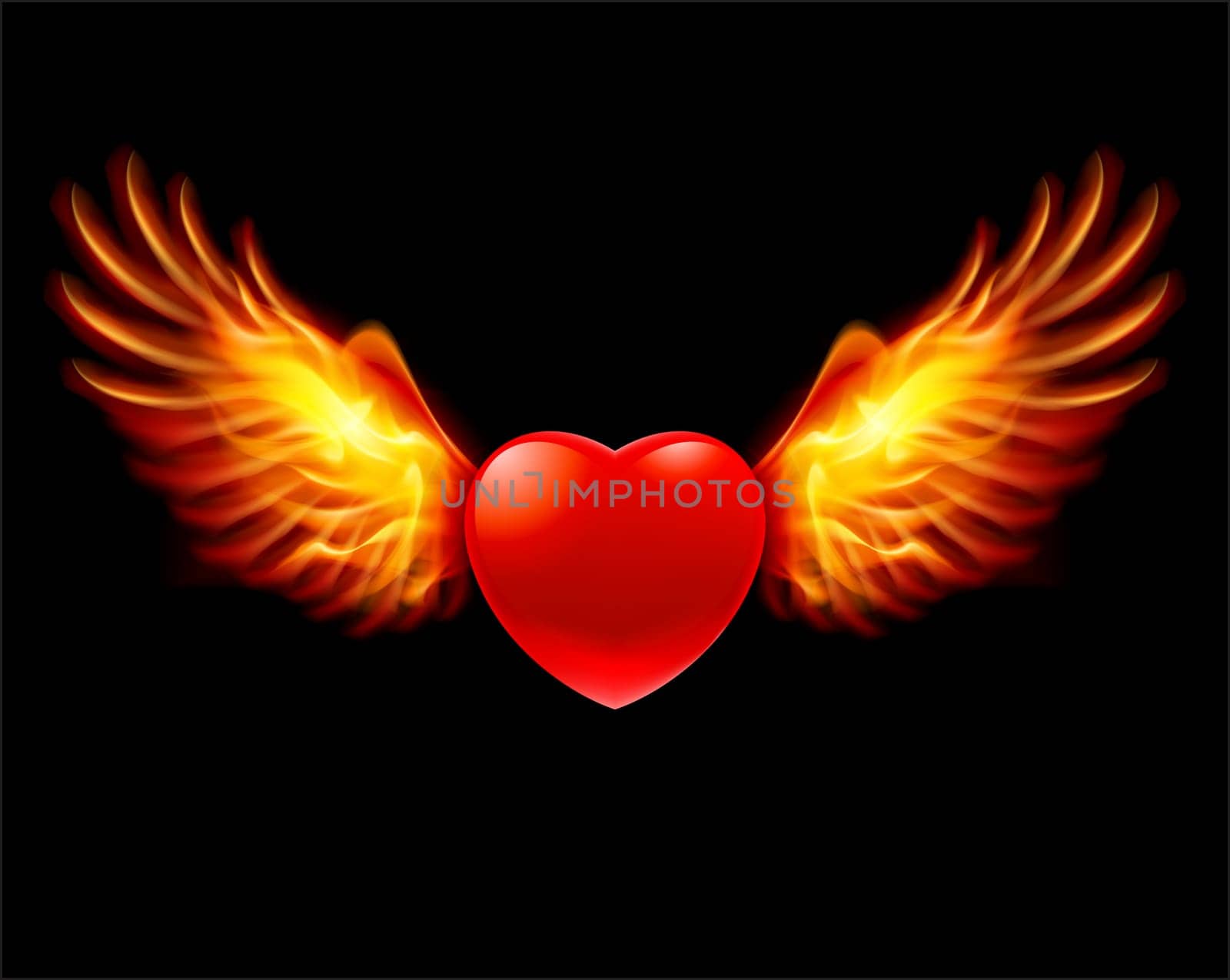 Heart in fiery wings, a color illustration on a black background