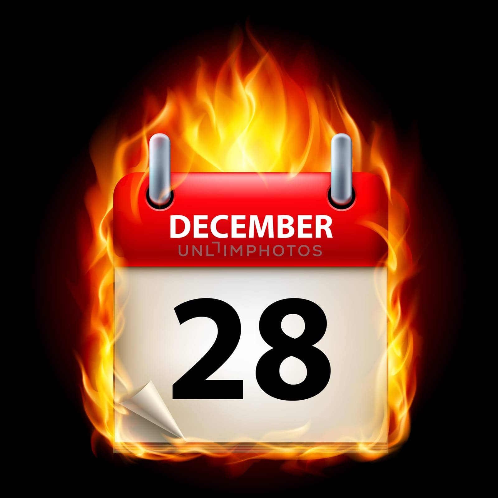 Twenty-eighth December in Calendar. Burning Icon on black background