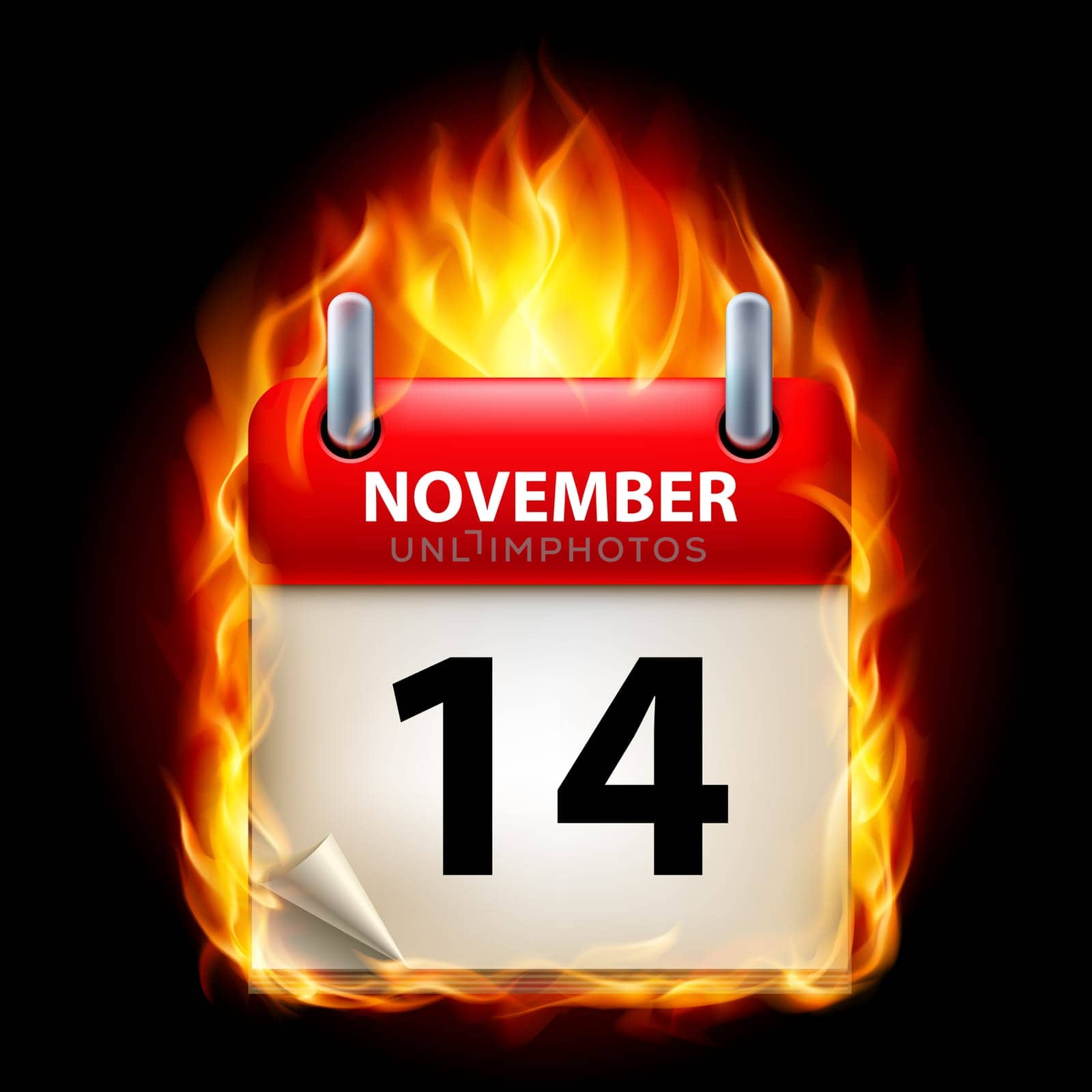 Fourteenth November in Calendar. Burning Icon on black background