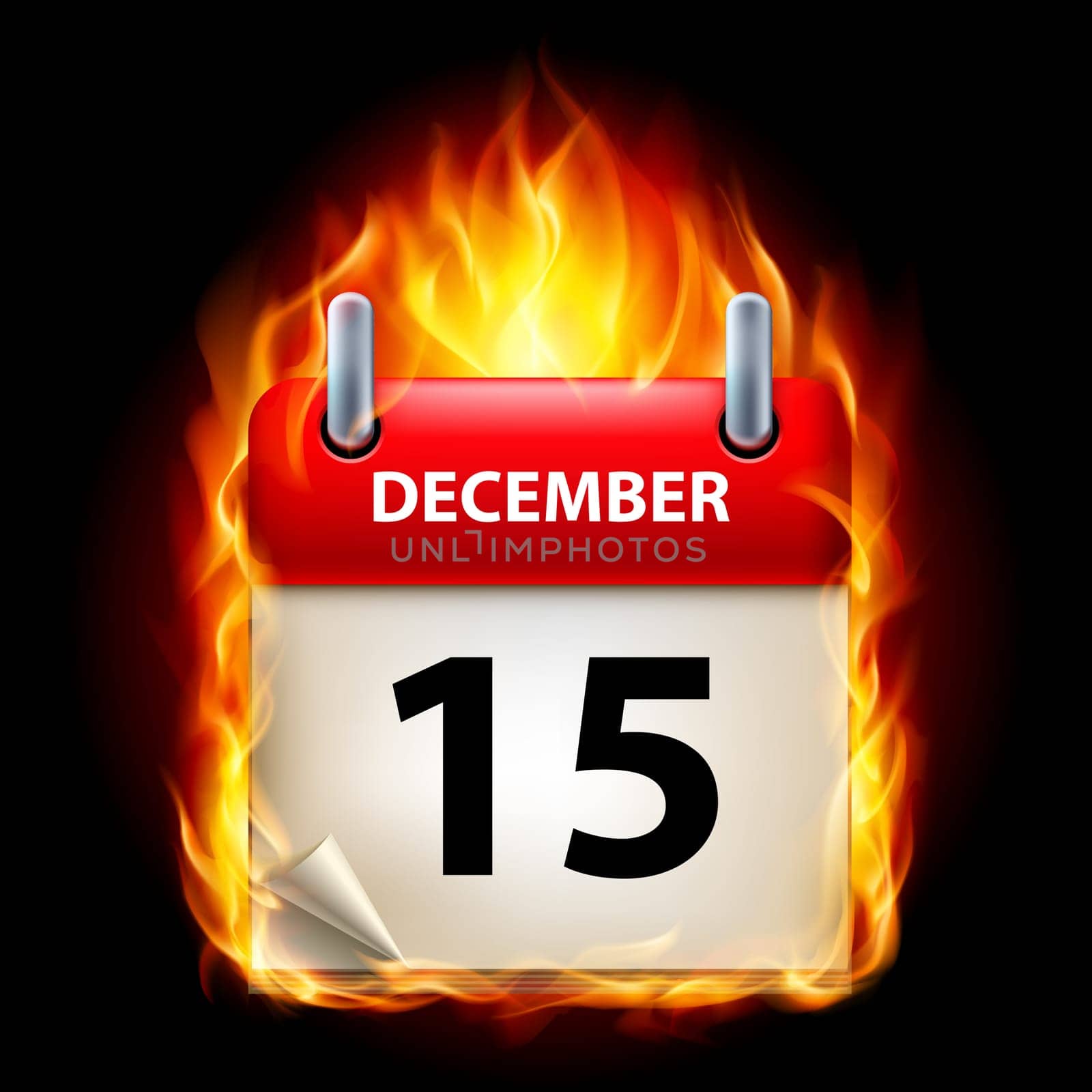 Fifteenth December in Calendar. Burning Icon on black background