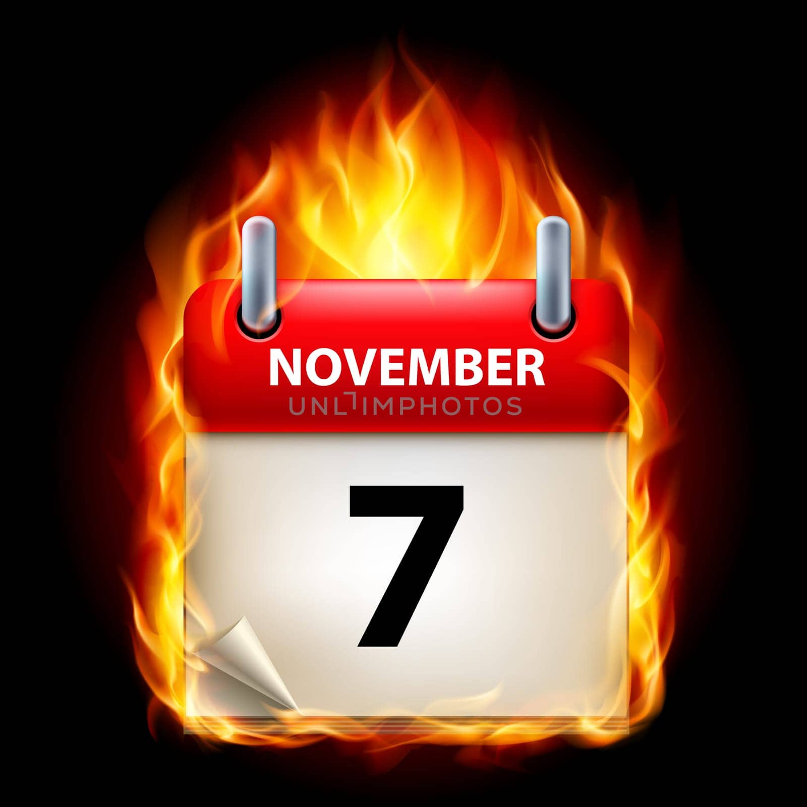 Seventh November in Calendar. Burning Icon on black background