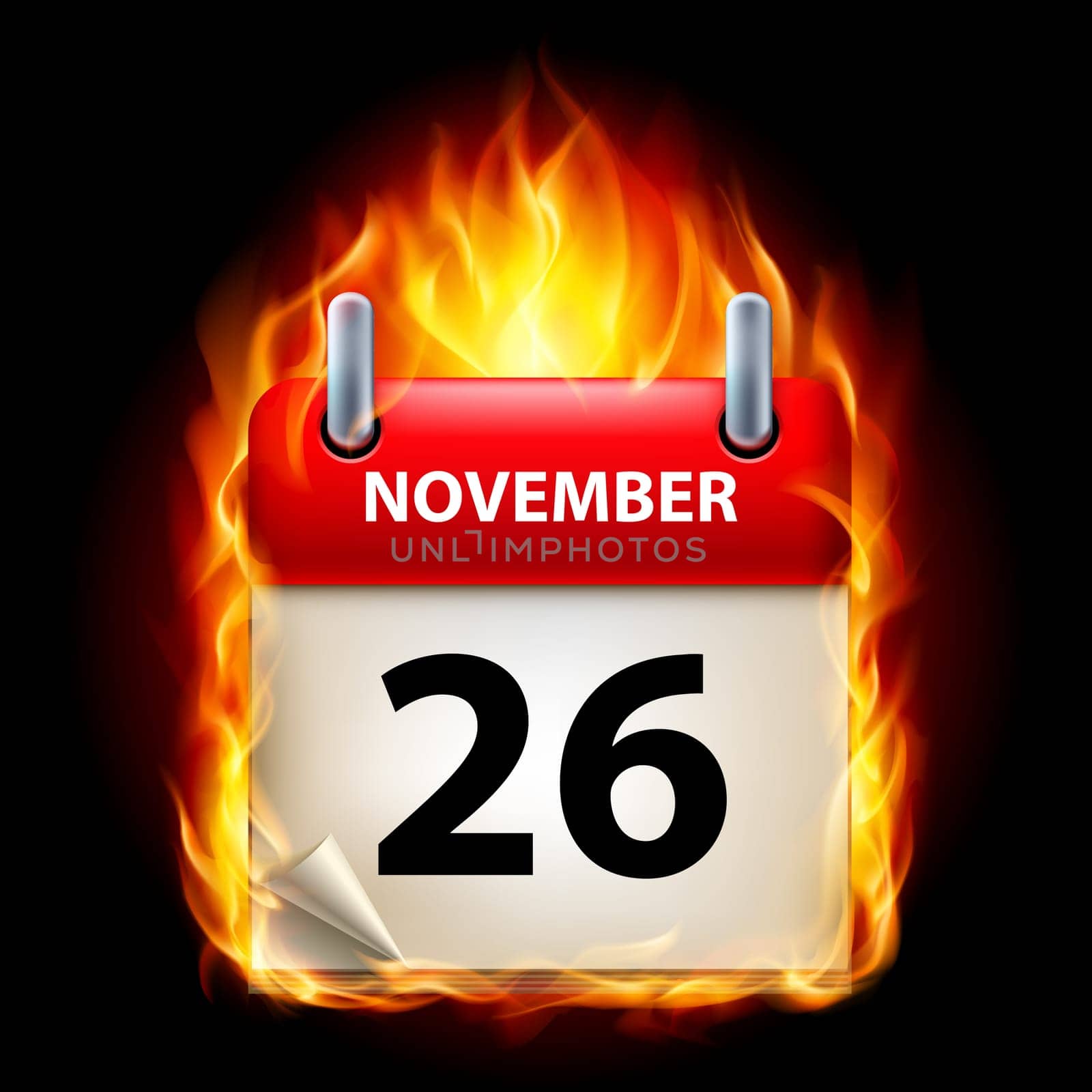 Twenty-Sixth November in Calendar. Burning Icon on black background