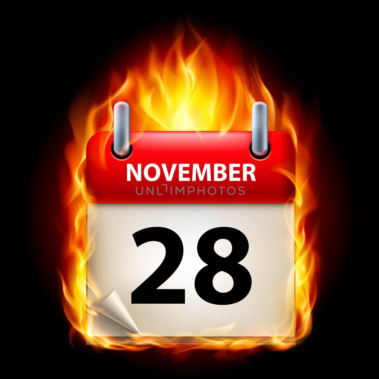 Twenty-eighth November in Calendar. Burning Icon on black background