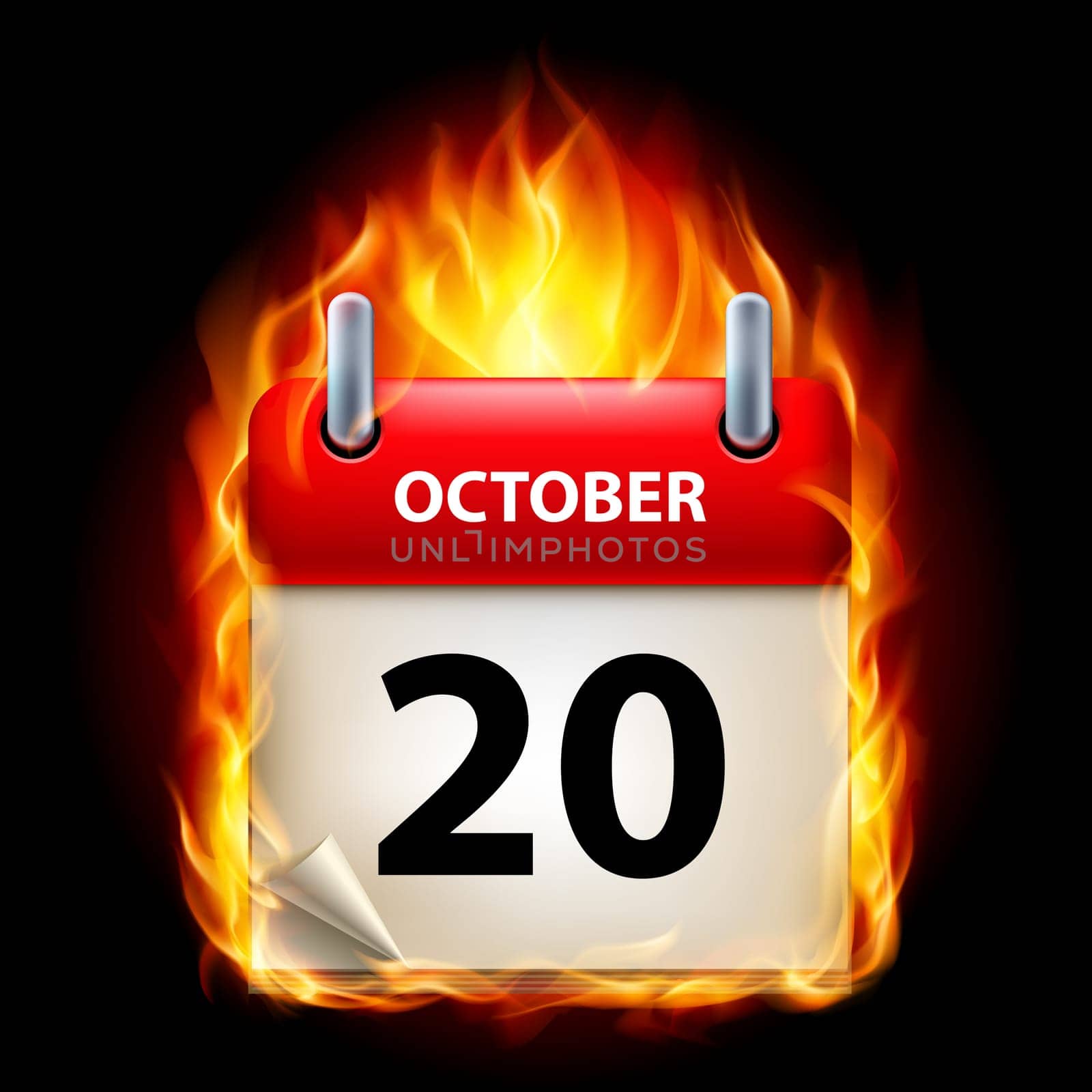 Twentieth October in Calendar. Burning Icon on black background