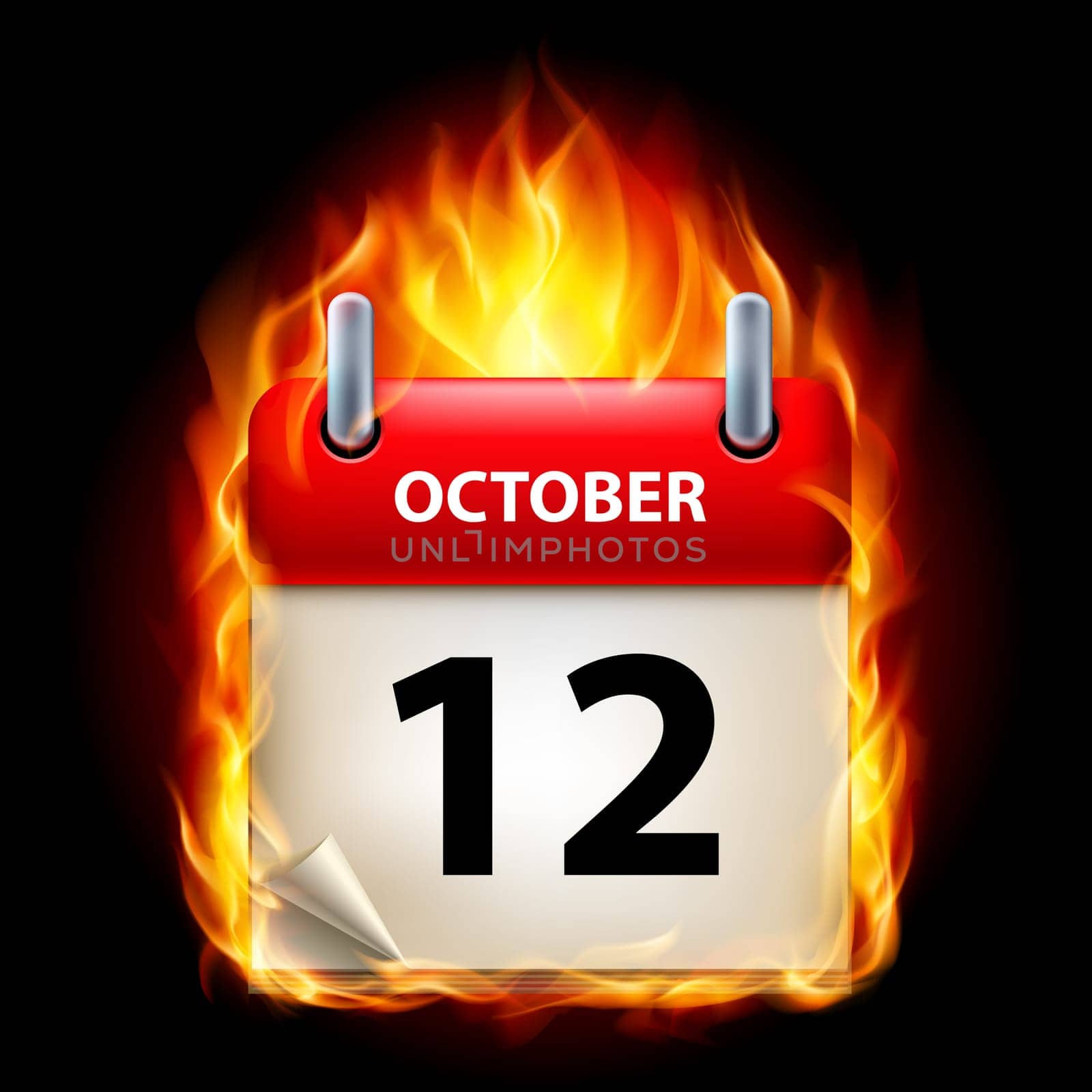Twelfth October in Calendar. Burning Icon on black background