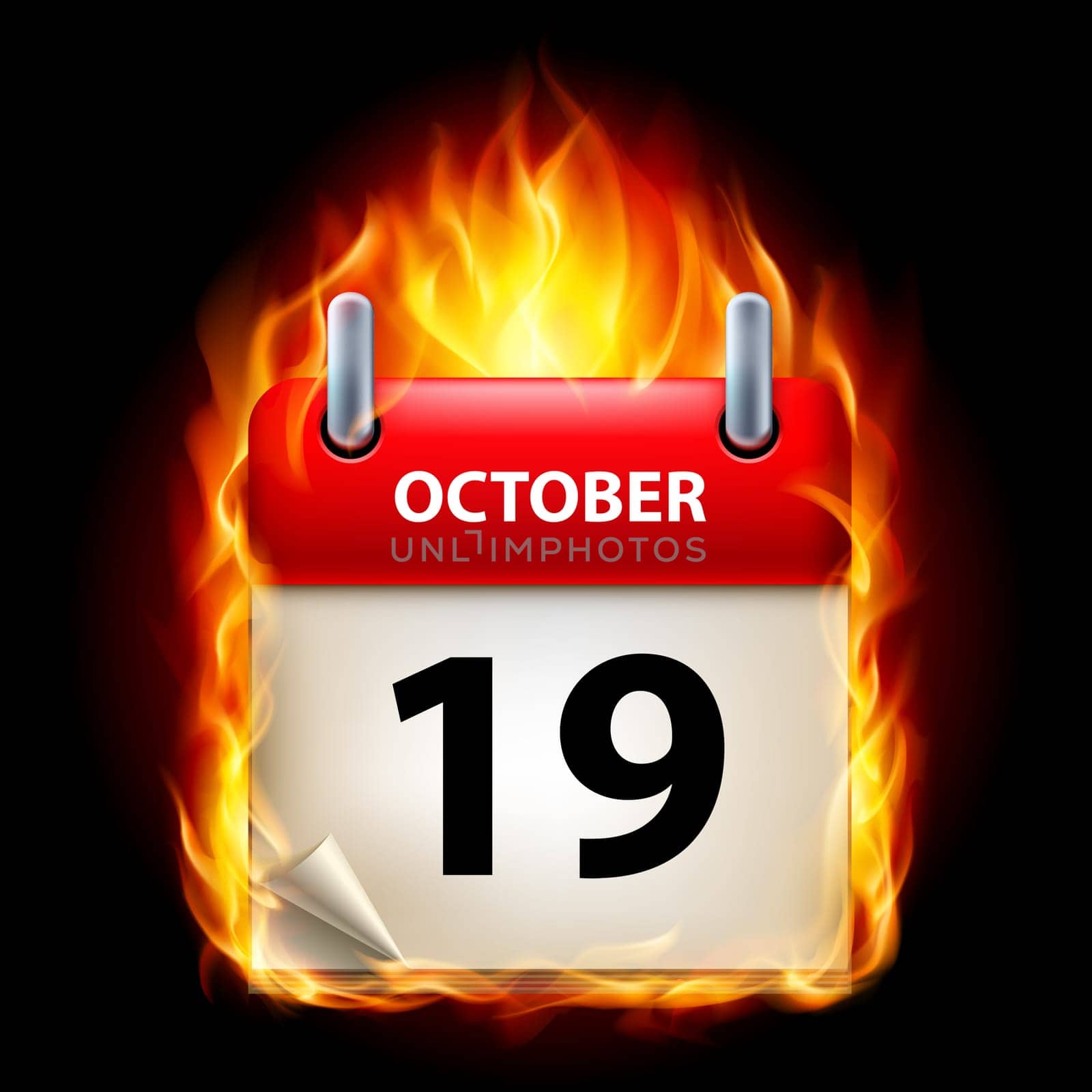 Nineteenth October in Calendar. Burning Icon on black background