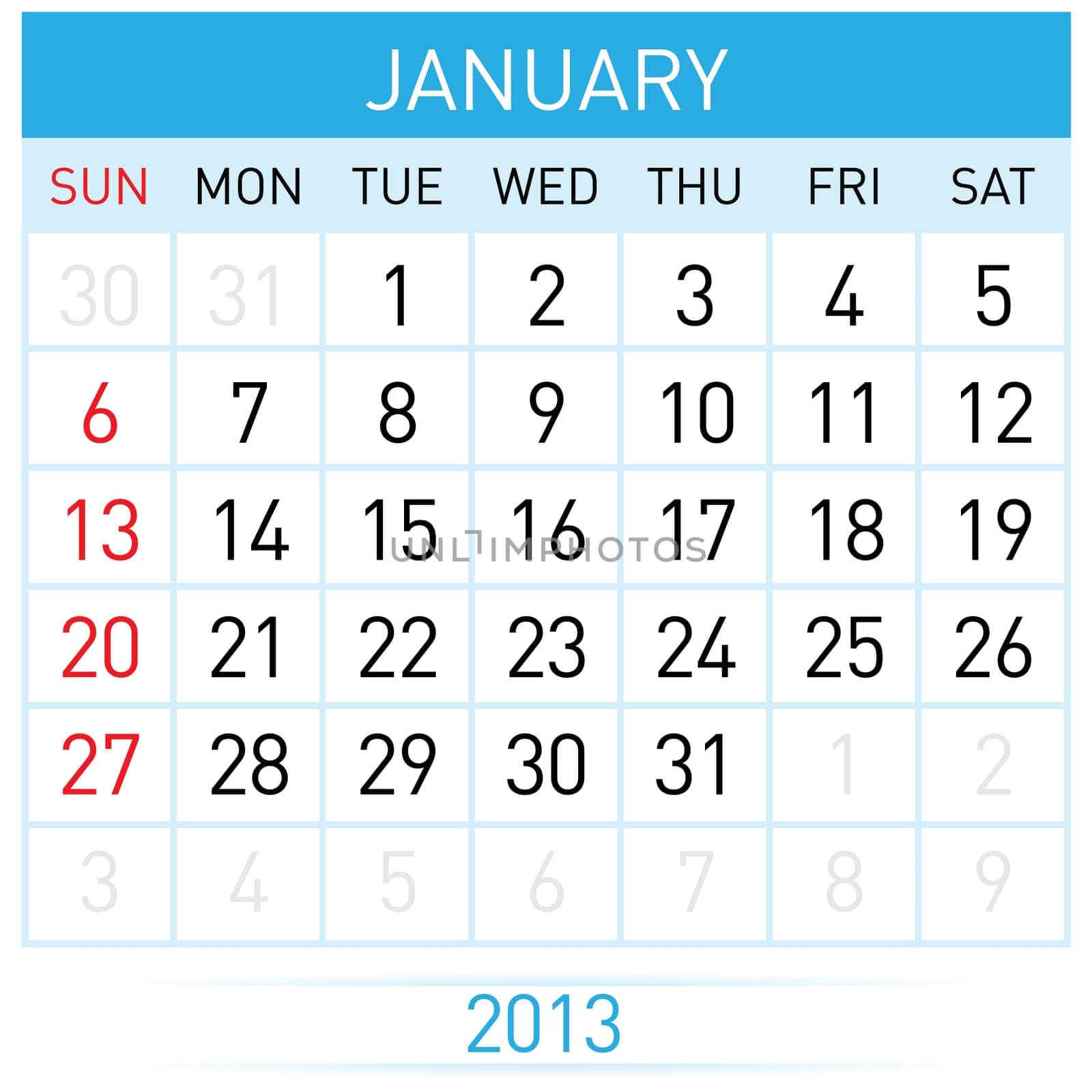 January Twenty-thirteen. Calendar Month. Illustration on white background