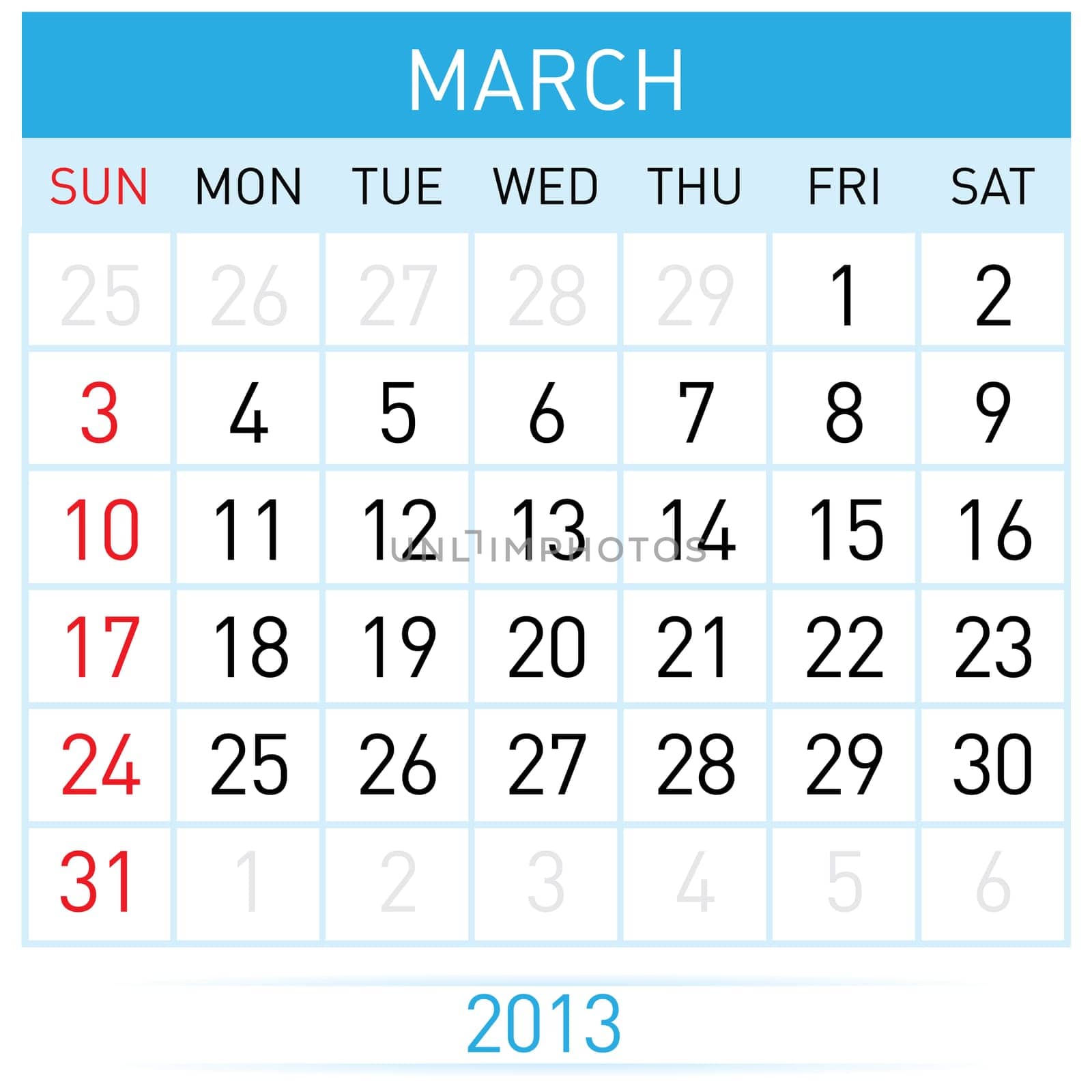 March Twenty-thirteen. Calendar Month. Illustration on white background