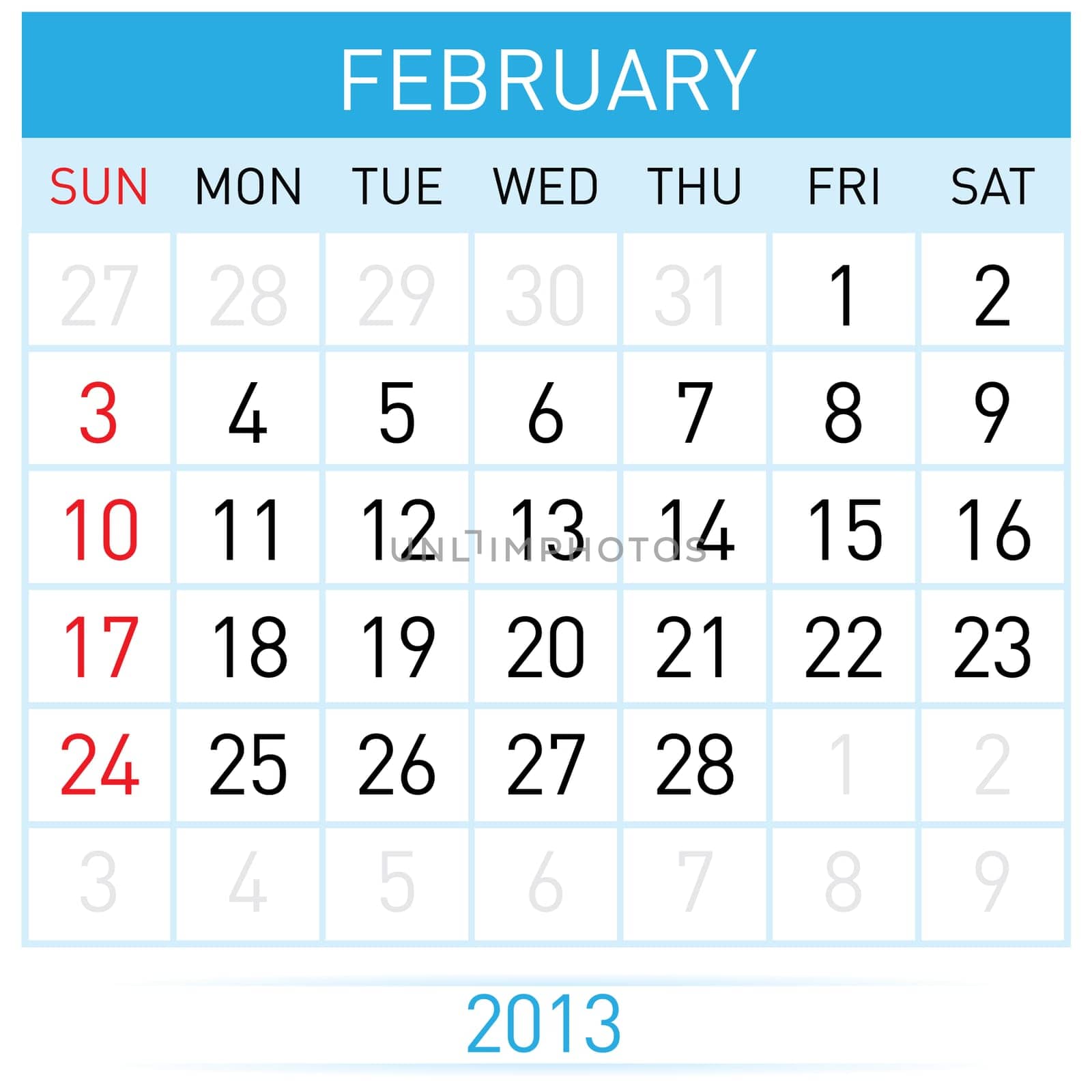 February Twenty-thirteen. Calendar Month. Illustration on white background