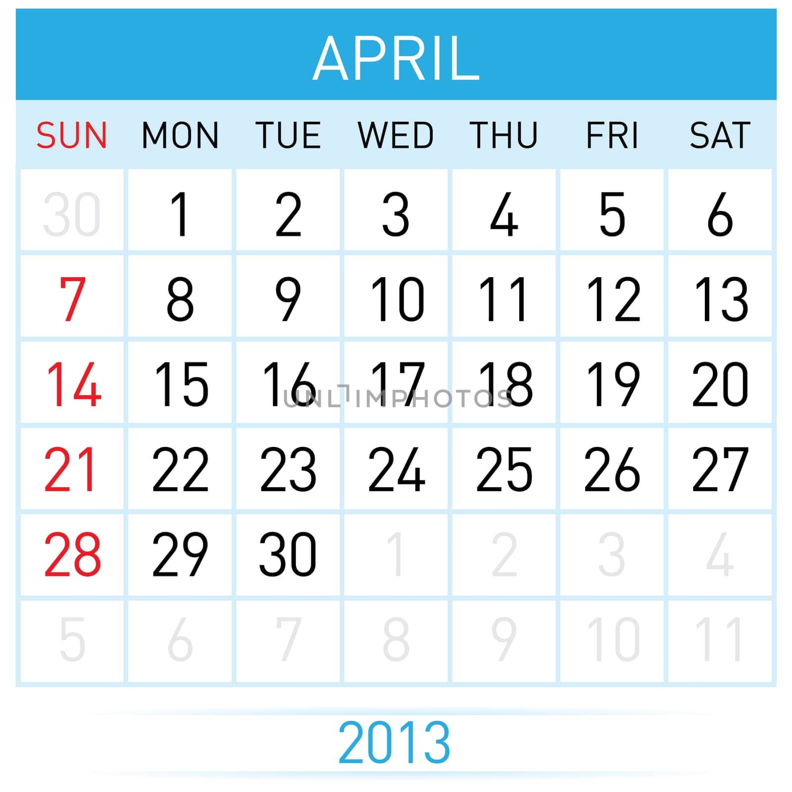 April Twenty-thirteen. Calendar Month. Illustration on white background