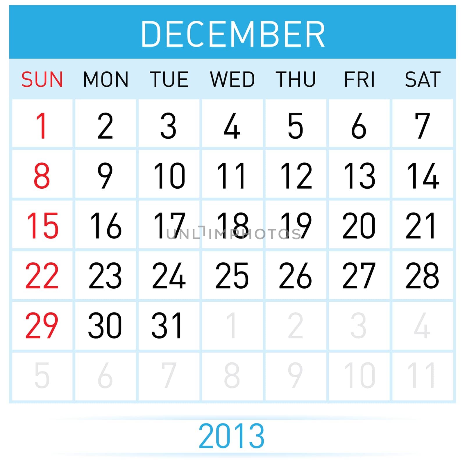 December Twenty-thirteen. Calendar Month. Illustration on white background