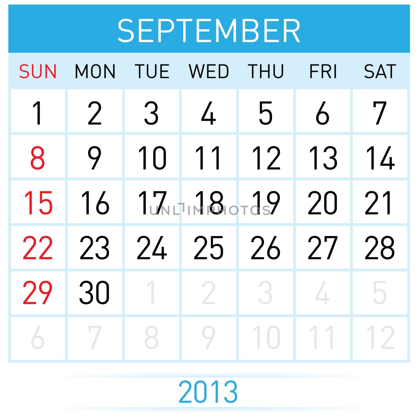 September Twenty-thirteen. Calendar Month. Illustration on white background
