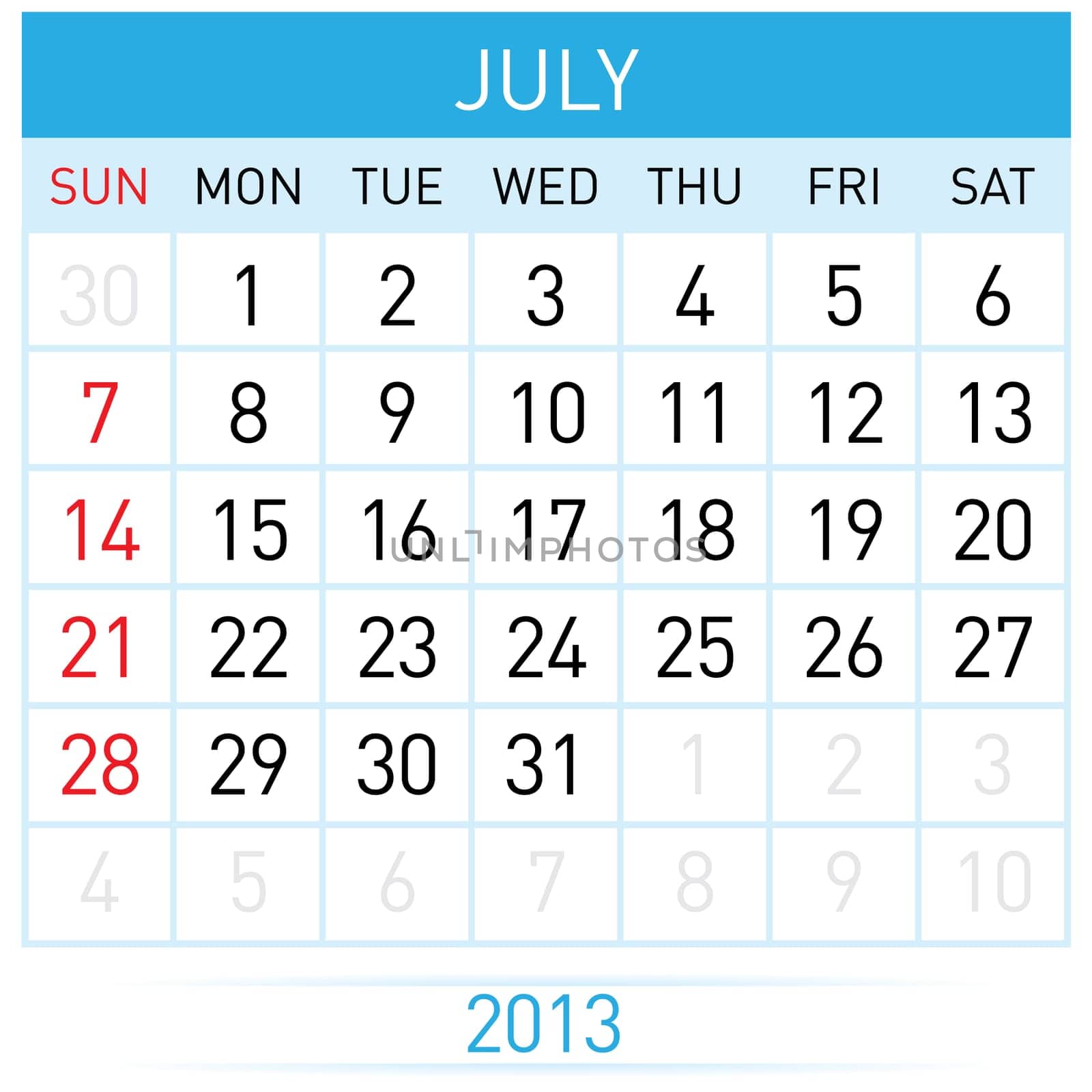 July Twenty-thirteen. Calendar Month. Illustration on white background