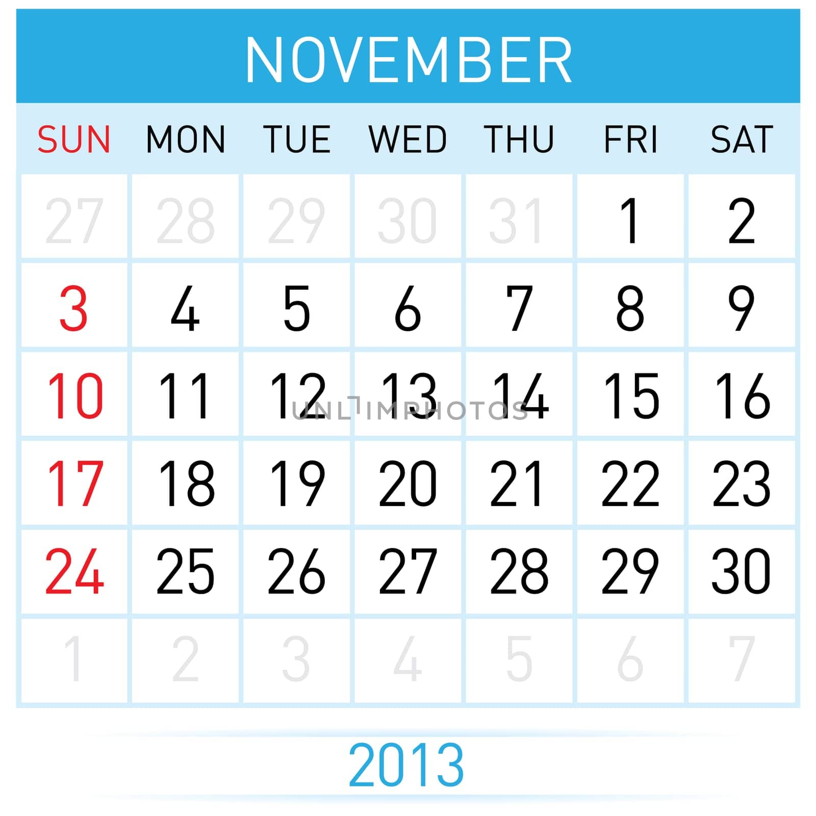 November Twenty-thirteen. Calendar Month. Illustration on white background