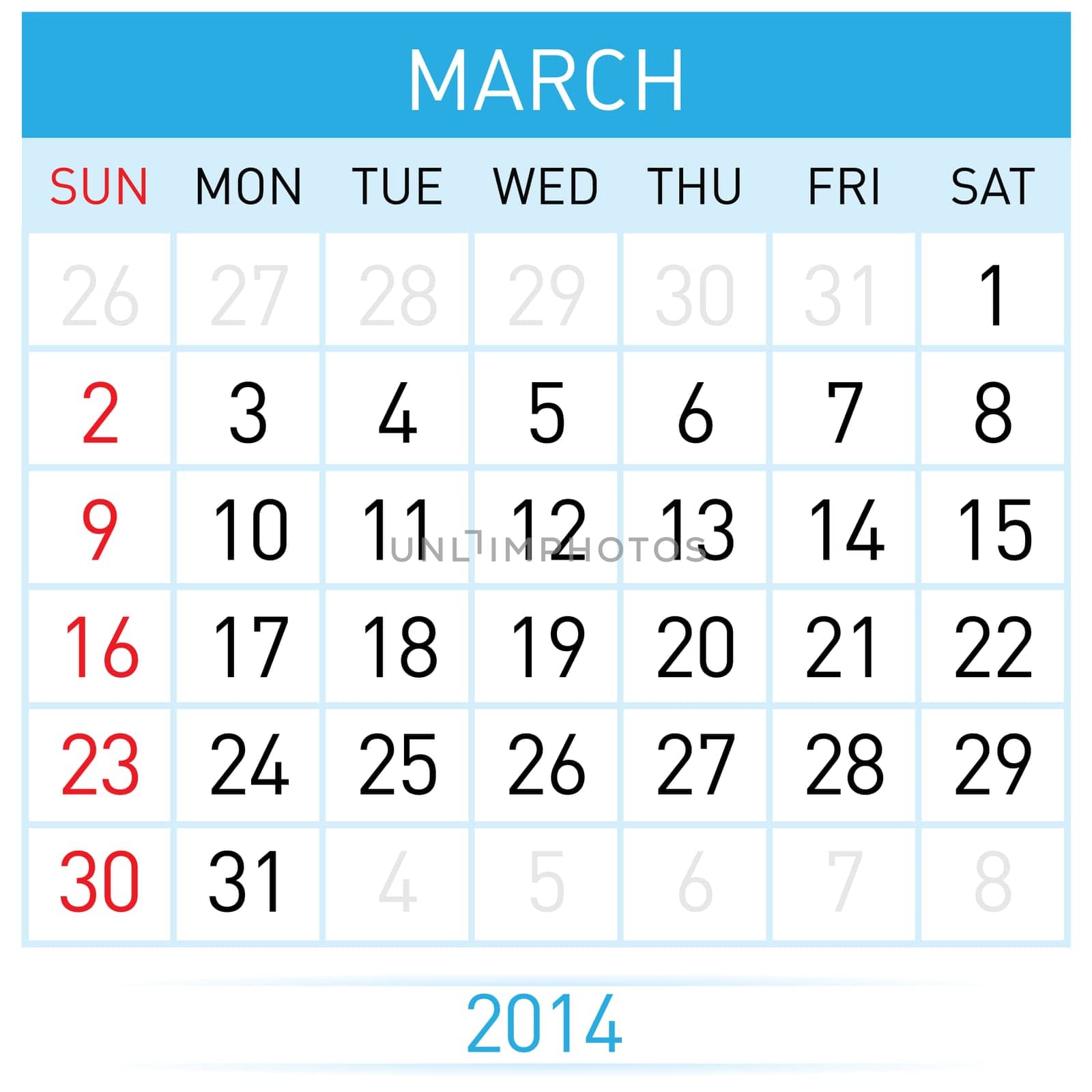 March Twenty-Fourteen. Calendar Month. Illustration on white background
