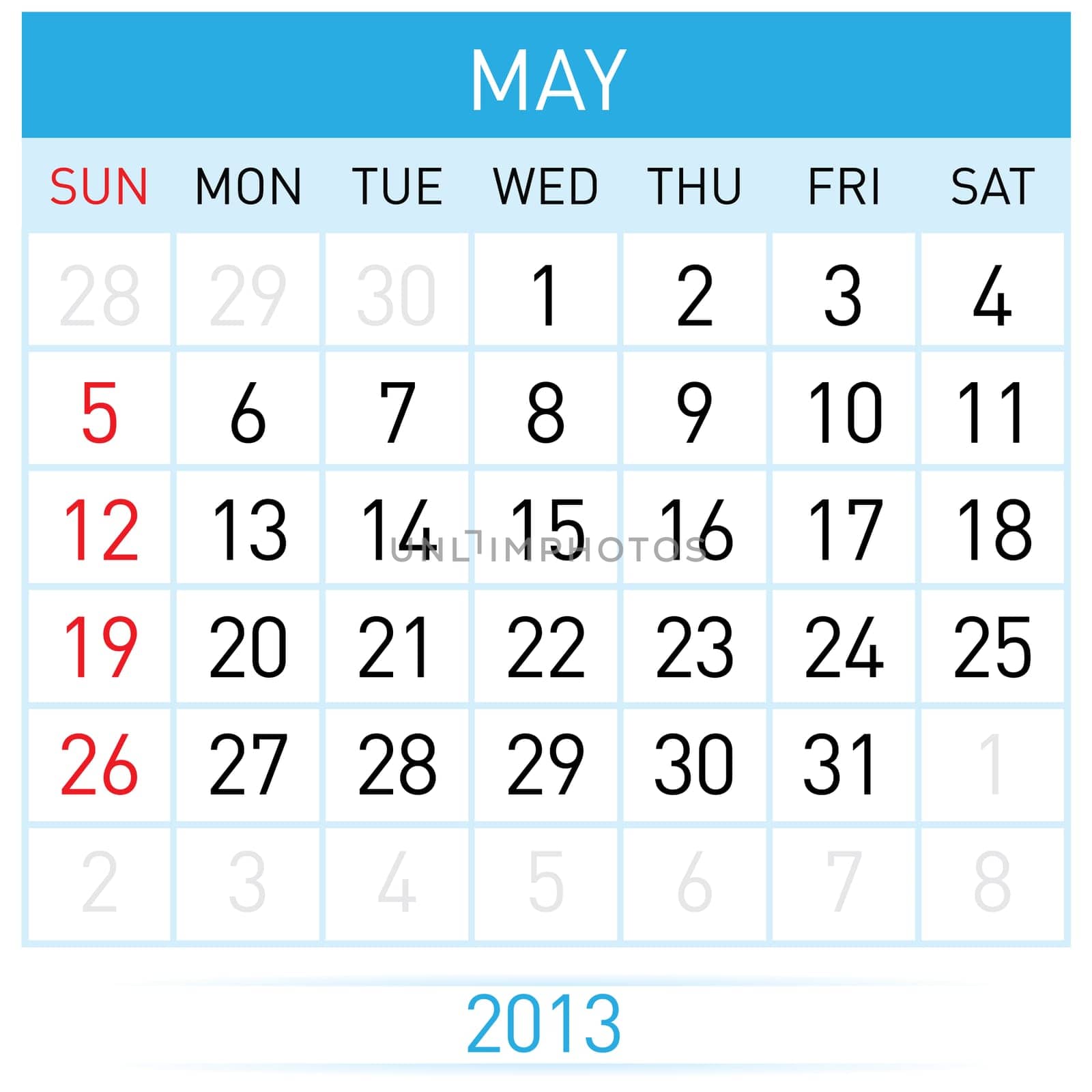 May Twenty-thirteen. Calendar Month. Illustration on white background
