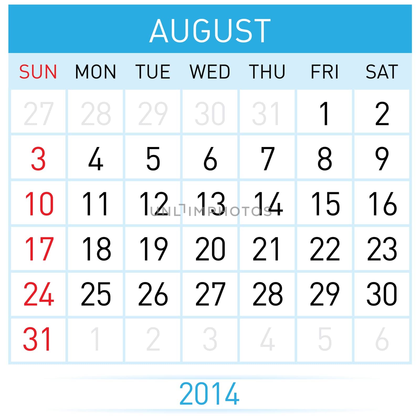 August Twenty-Fourteen. Calendar Month. Illustration on white background