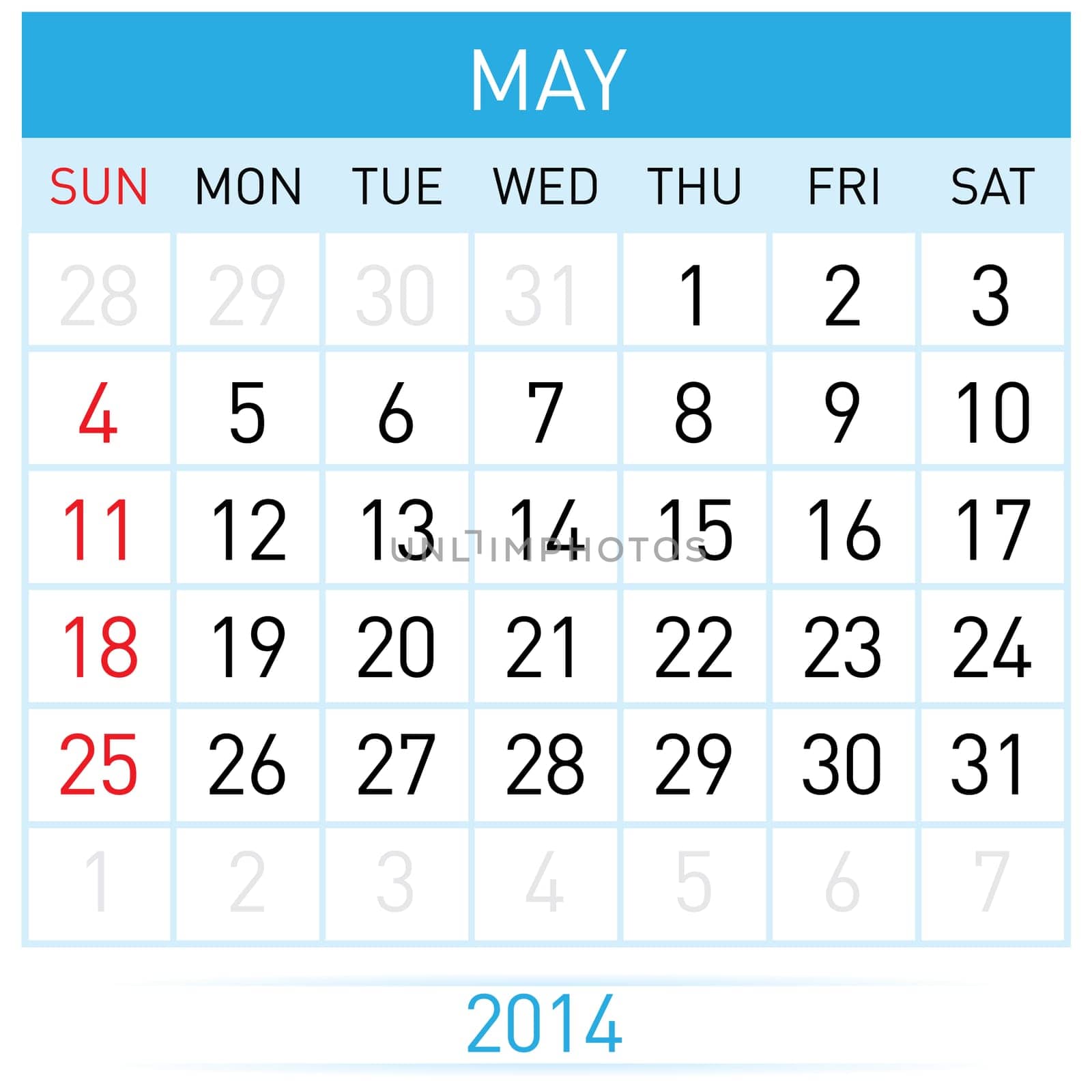 May Twenty-Fourteen. Calendar Month. Illustration on white background
