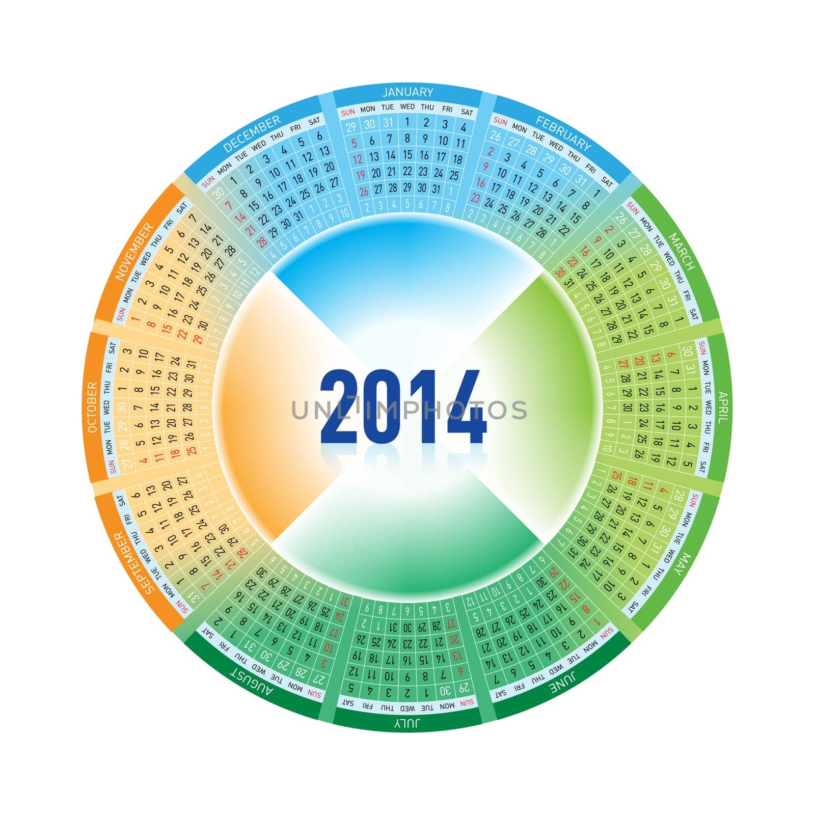 Calendar for Twenty-fourteen. Rotating design on white
