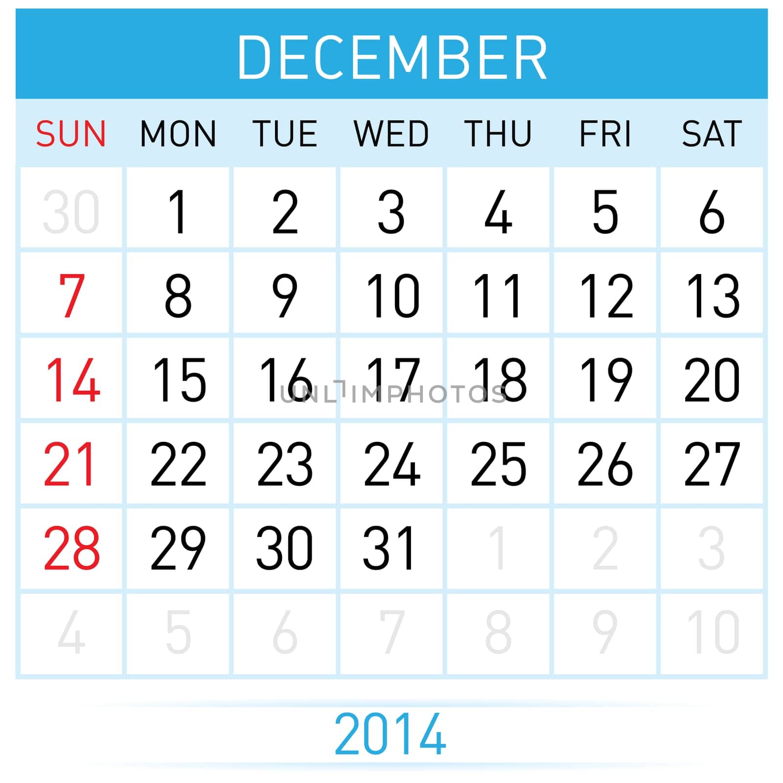 December Twenty-Fourteen. Calendar Month. Illustration on white background