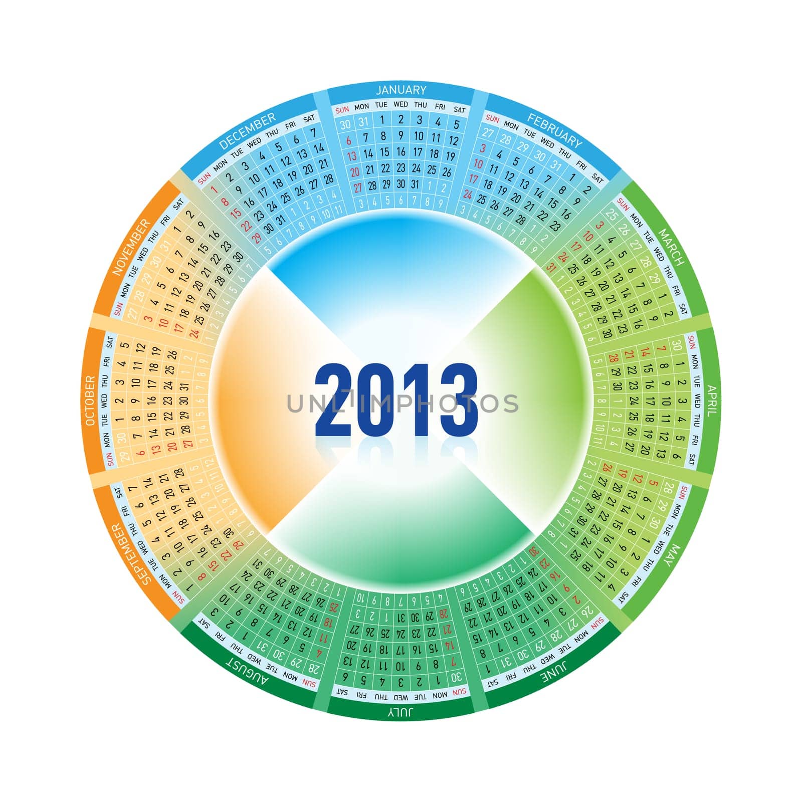 Calendar for Twenty-thirteen. Rotating design on white