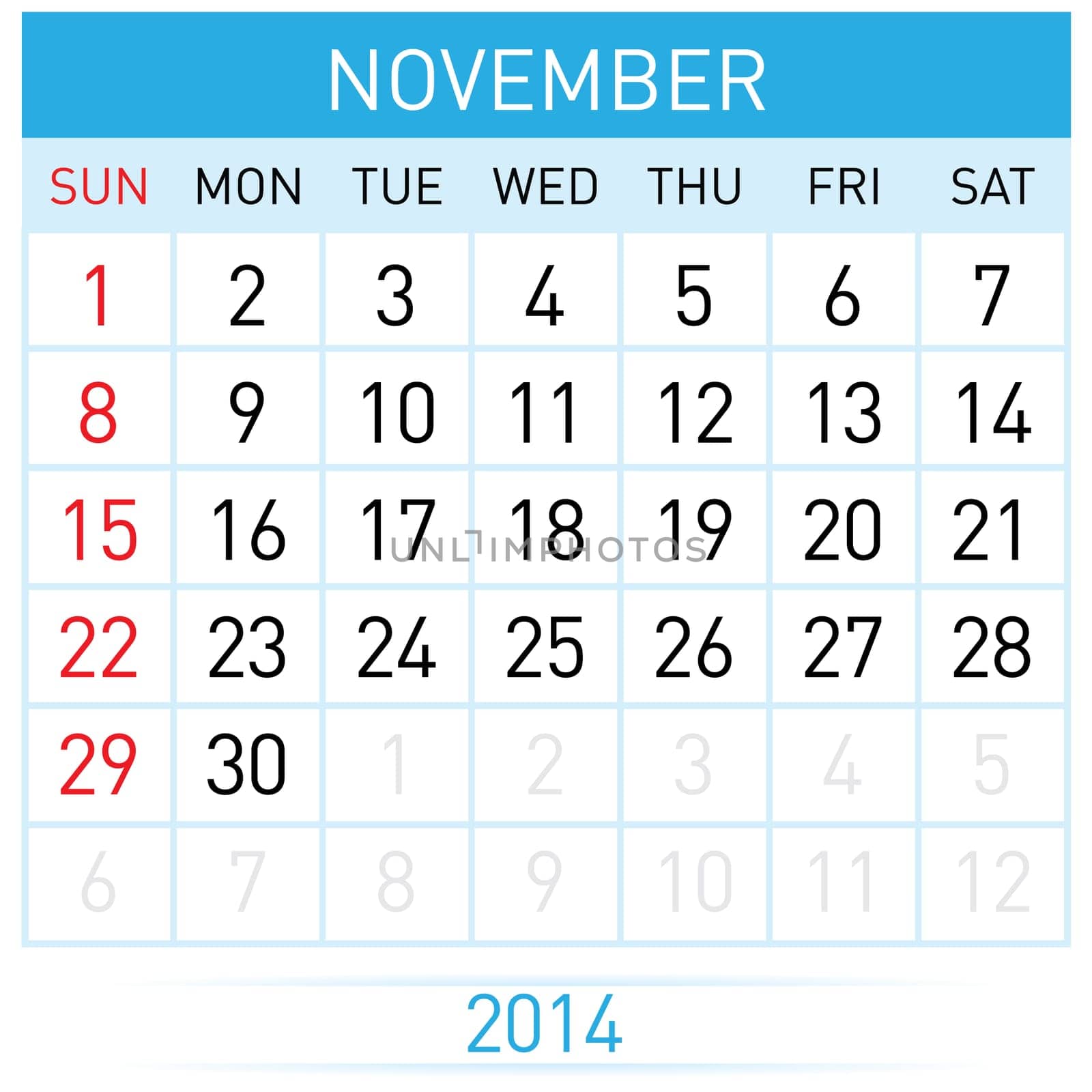 November Twenty-Fourteen. Calendar Month. Illustration on white background