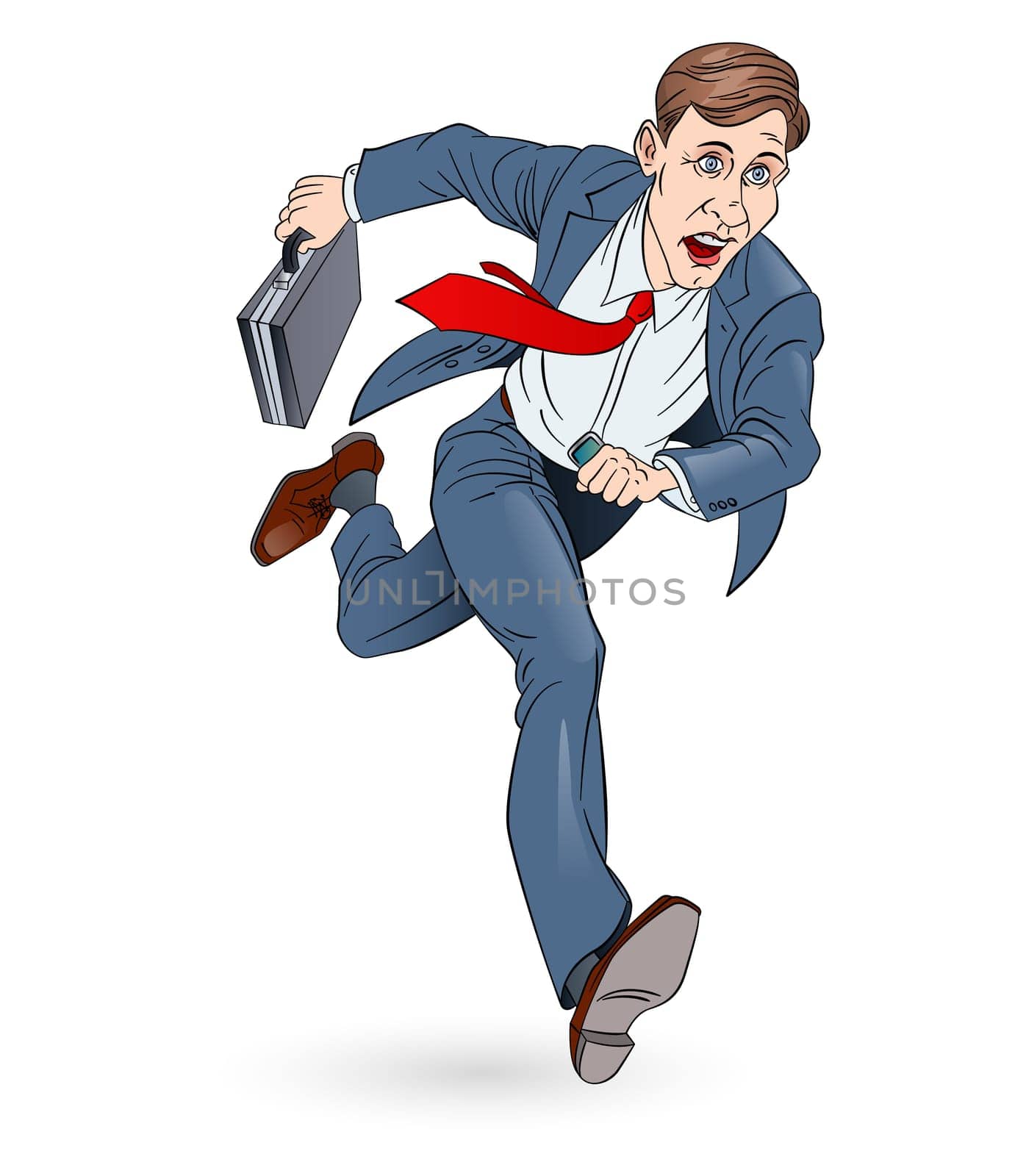 Businessman Running To Work With Briefcase. Illustration on white. In Color.