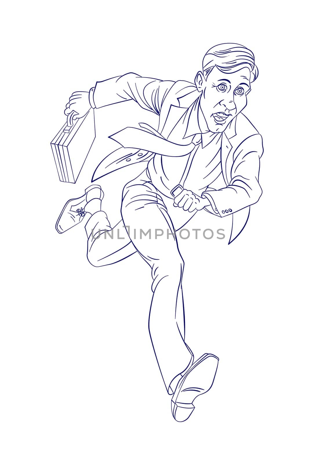 Businessman Running To Work With Briefcase. Blue and White illustration.