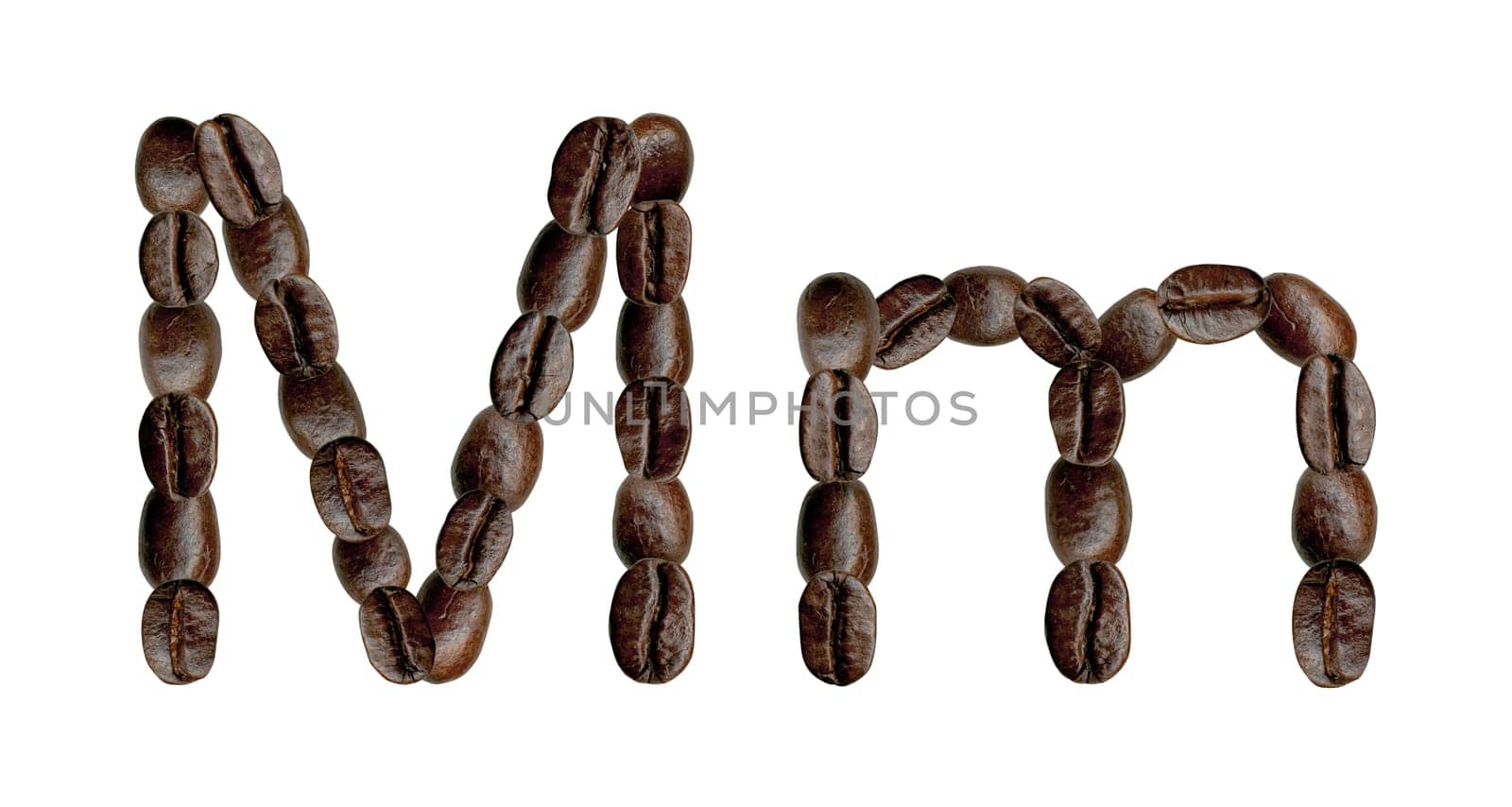 Alphabet symbol M from coffee beans. Illustration on white