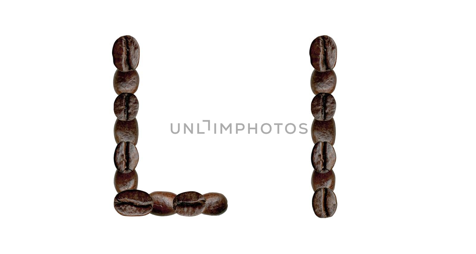 Alphabet symbol L from coffee beans. Illustration on white