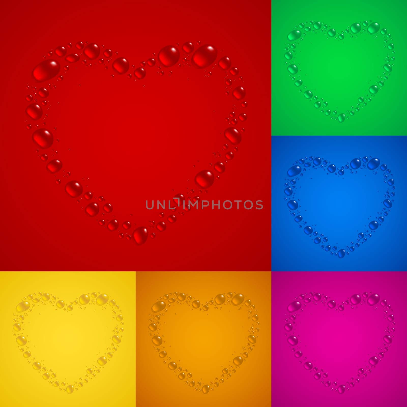 Water drops Hearts. Color backgrounds set for design