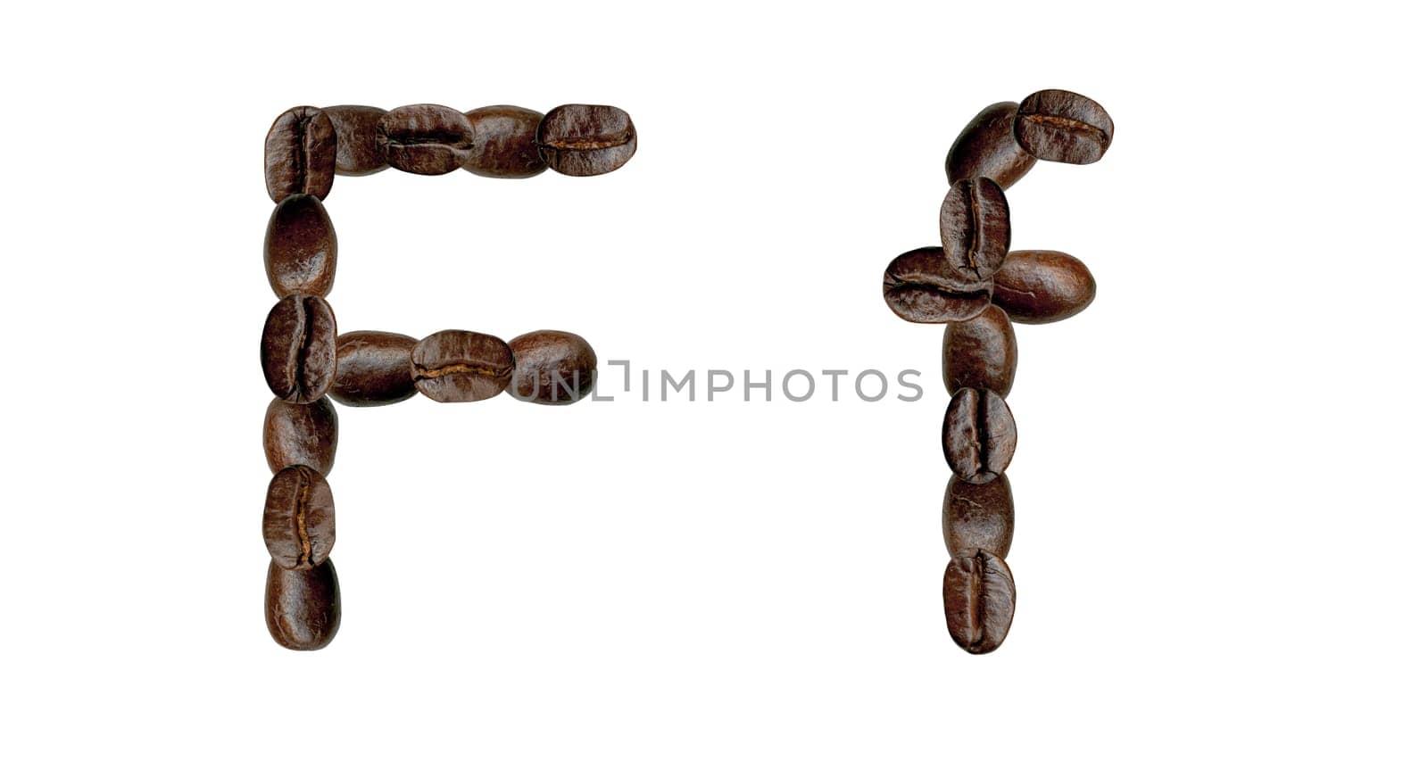 Alphabet symbol F from coffee beans. Illustration on white