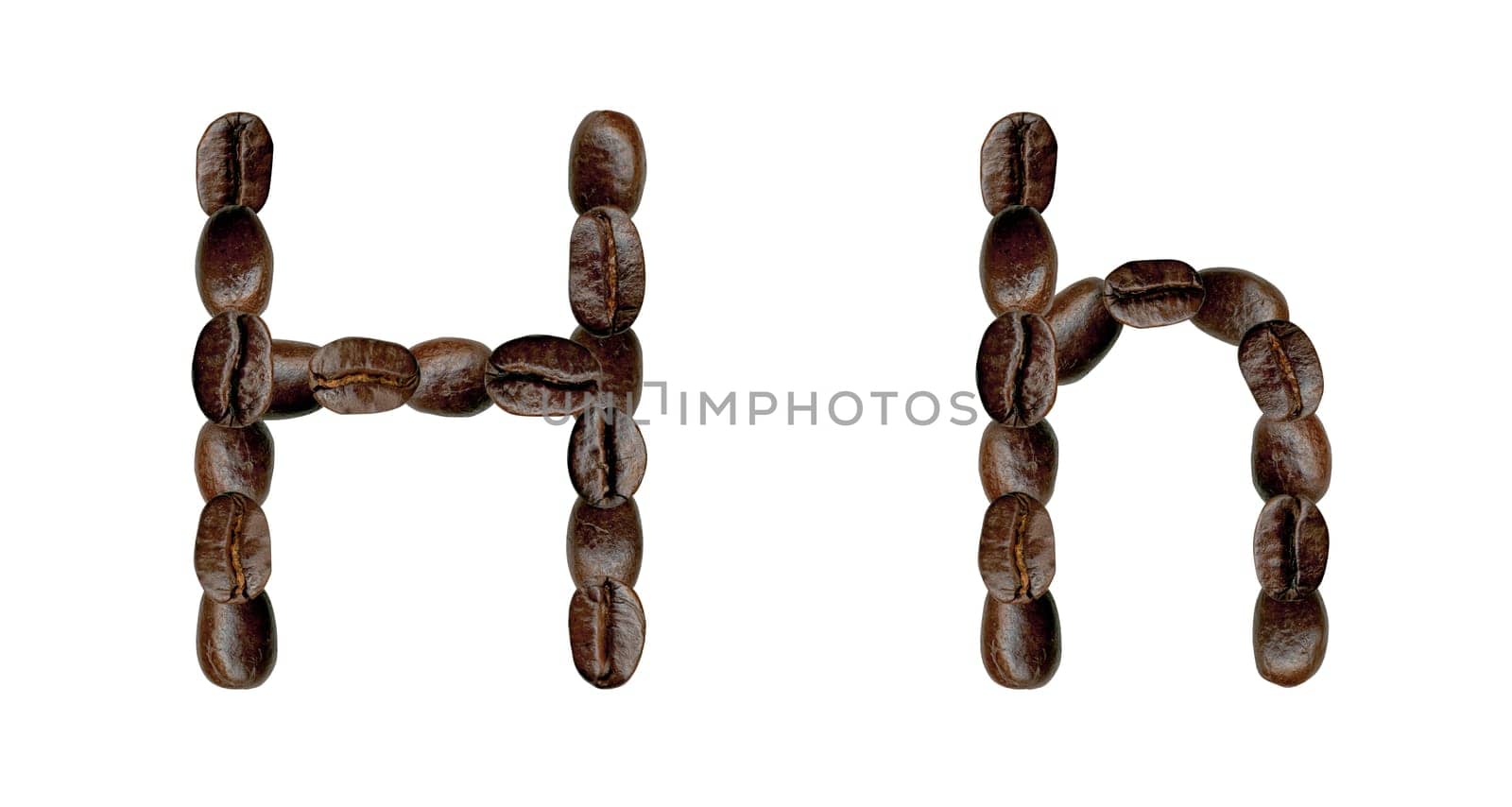 Alphabet symbol H from coffee beans. Illustration on white
