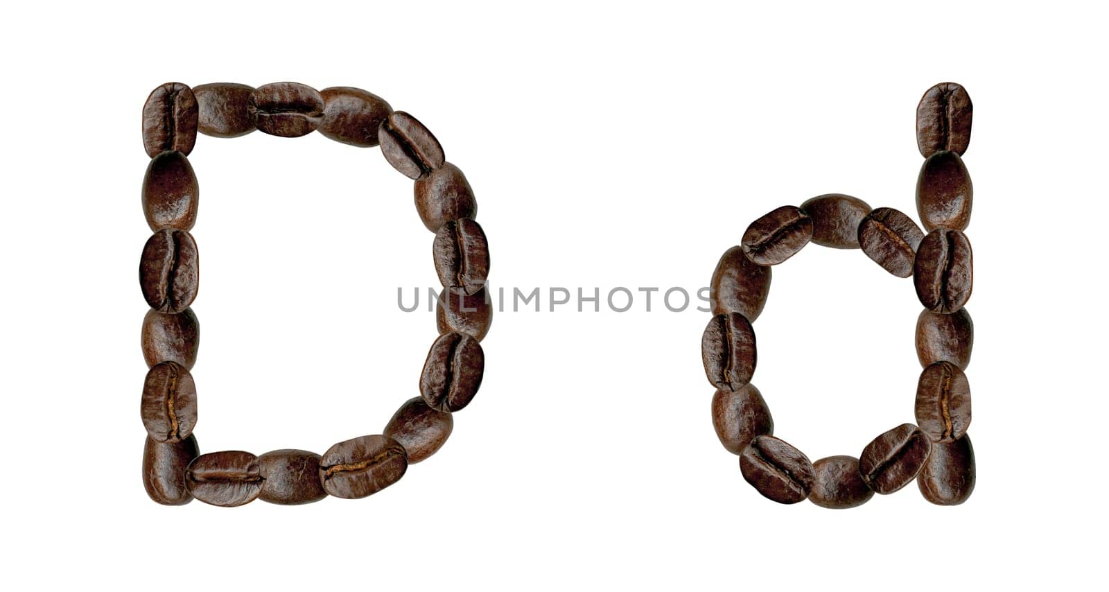 Alphabet symbol D from coffee beans. Illustration on white