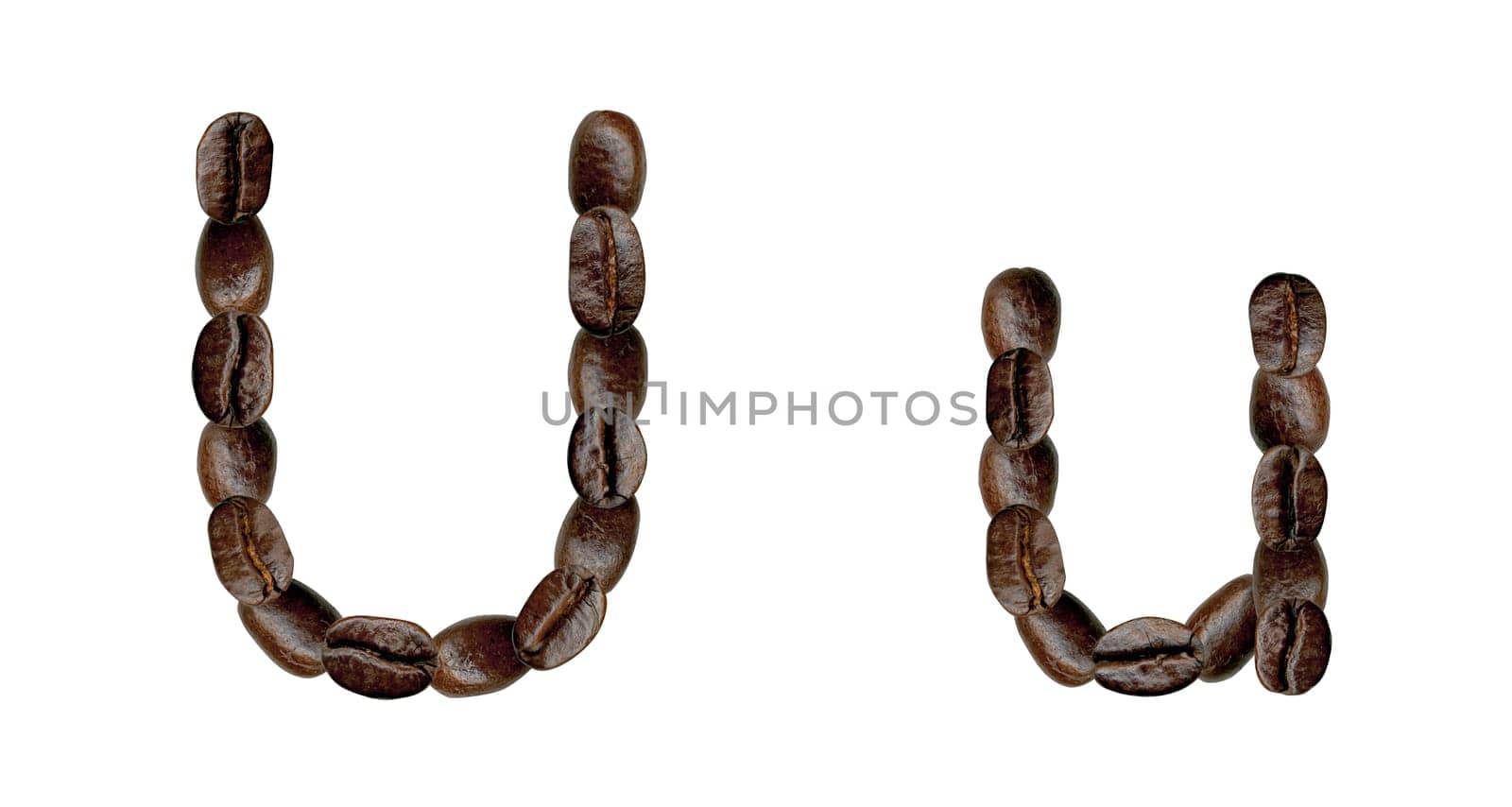 Alphabet symbol U from coffee beans. Illustration on white