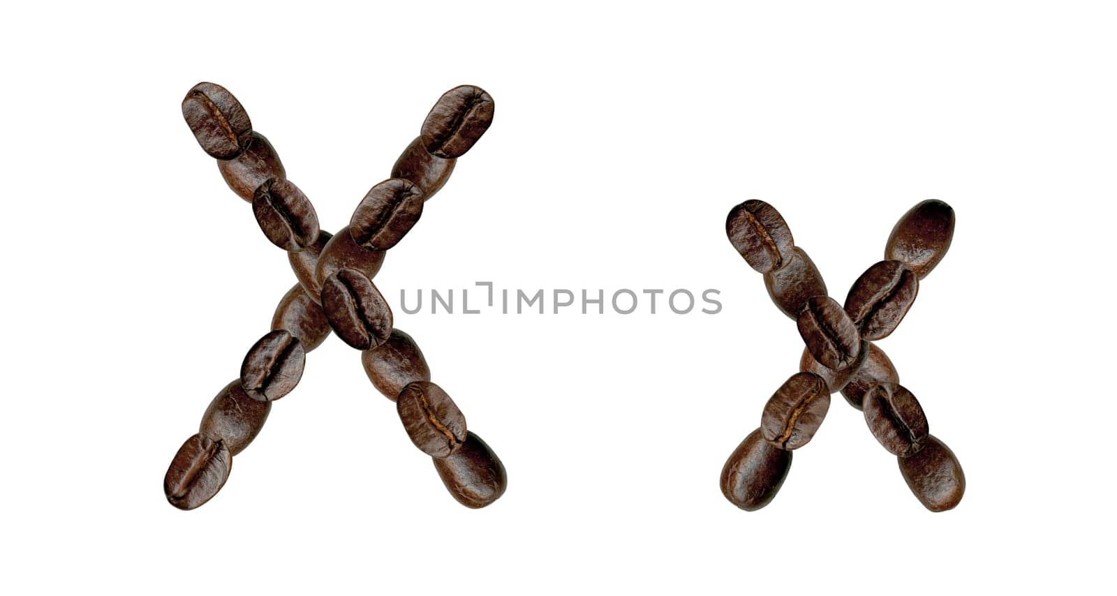 Alphabet symbol X from coffee beans. Illustration on white