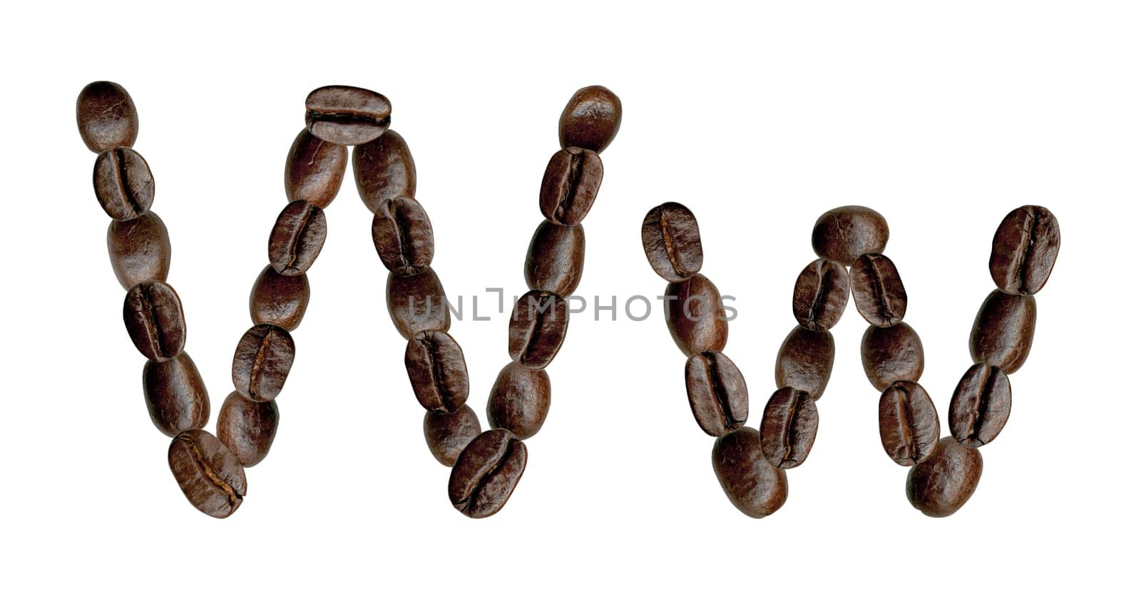 Alphabet symbol W from coffee beans. Illustration on white