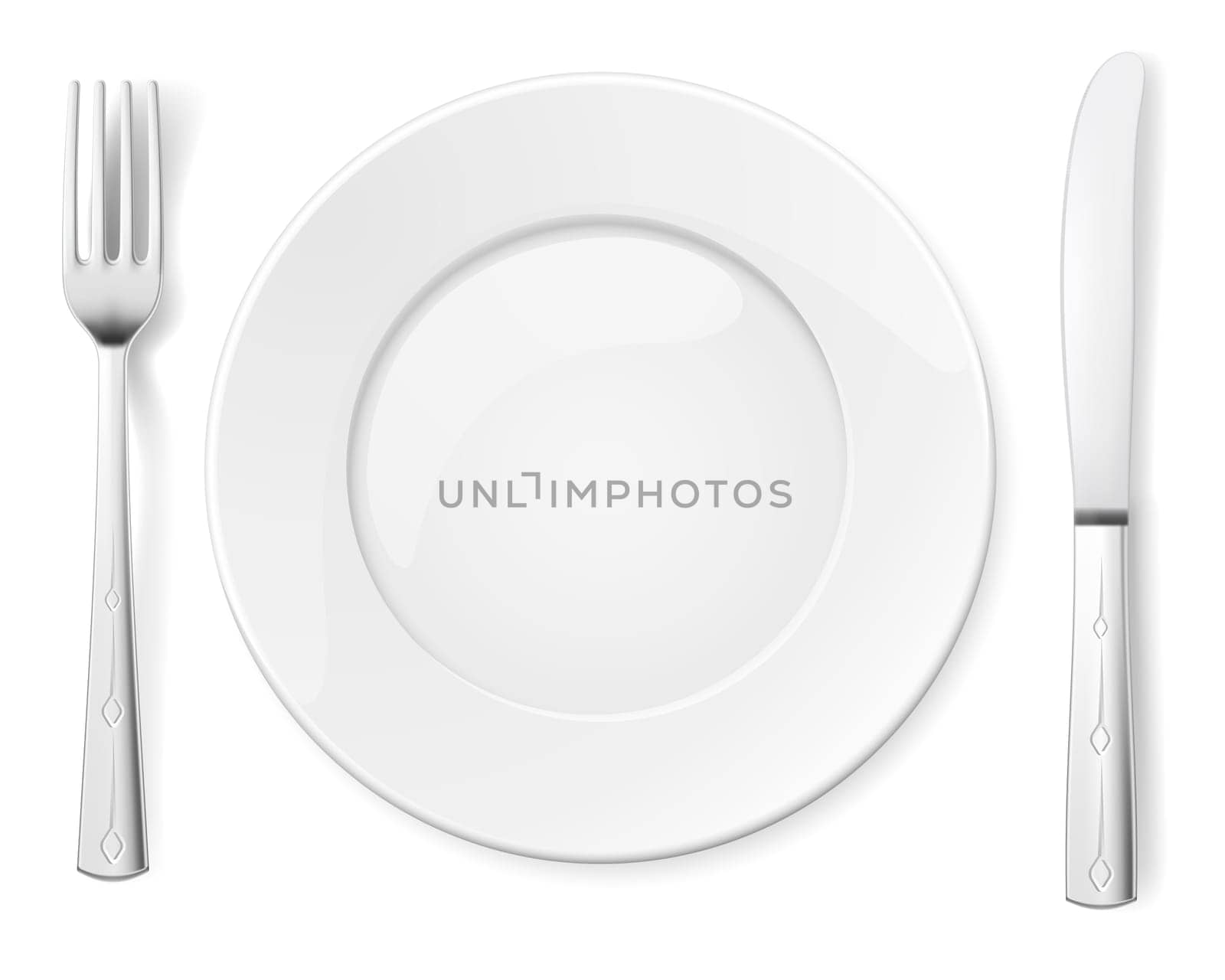 Empty plate with knife and fork. Illustration for design on white background