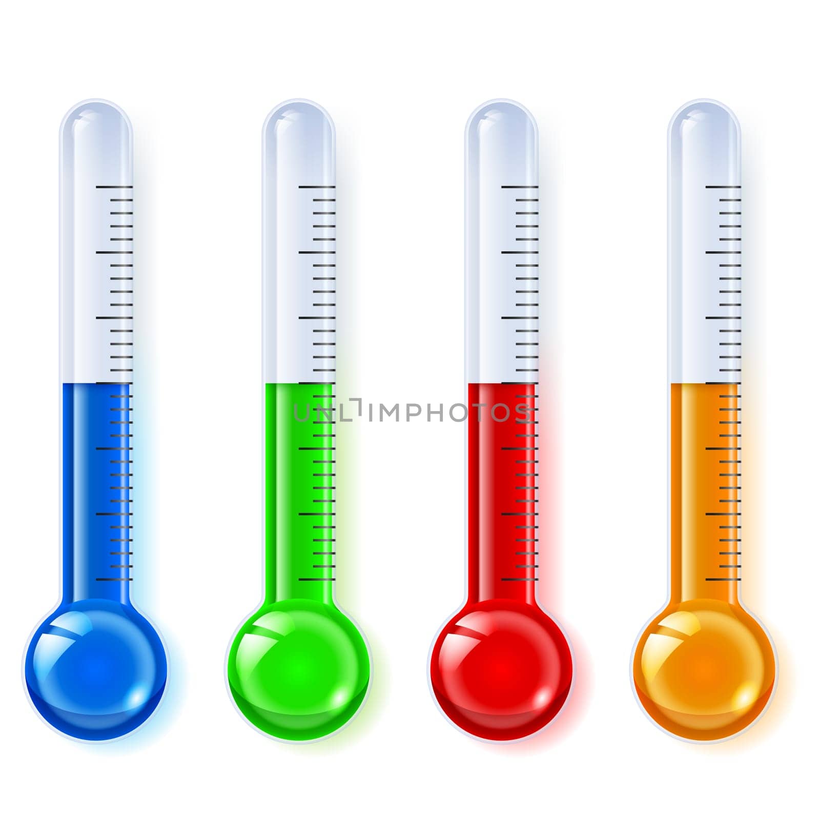Temperature indicators, glassware, blue, green, red, orange, on a white background