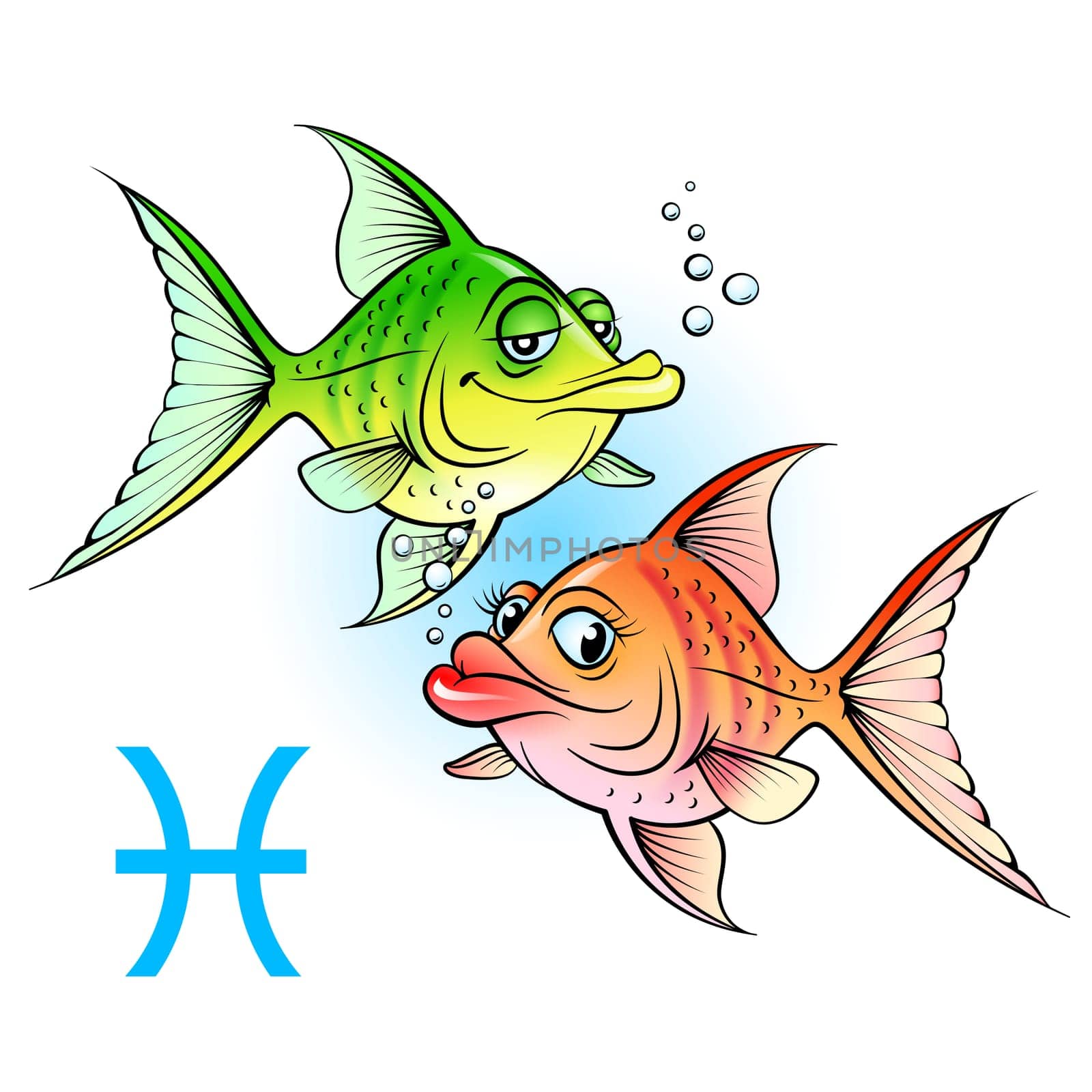 Zodiac signs. Two cartoon fish. Illustration on white