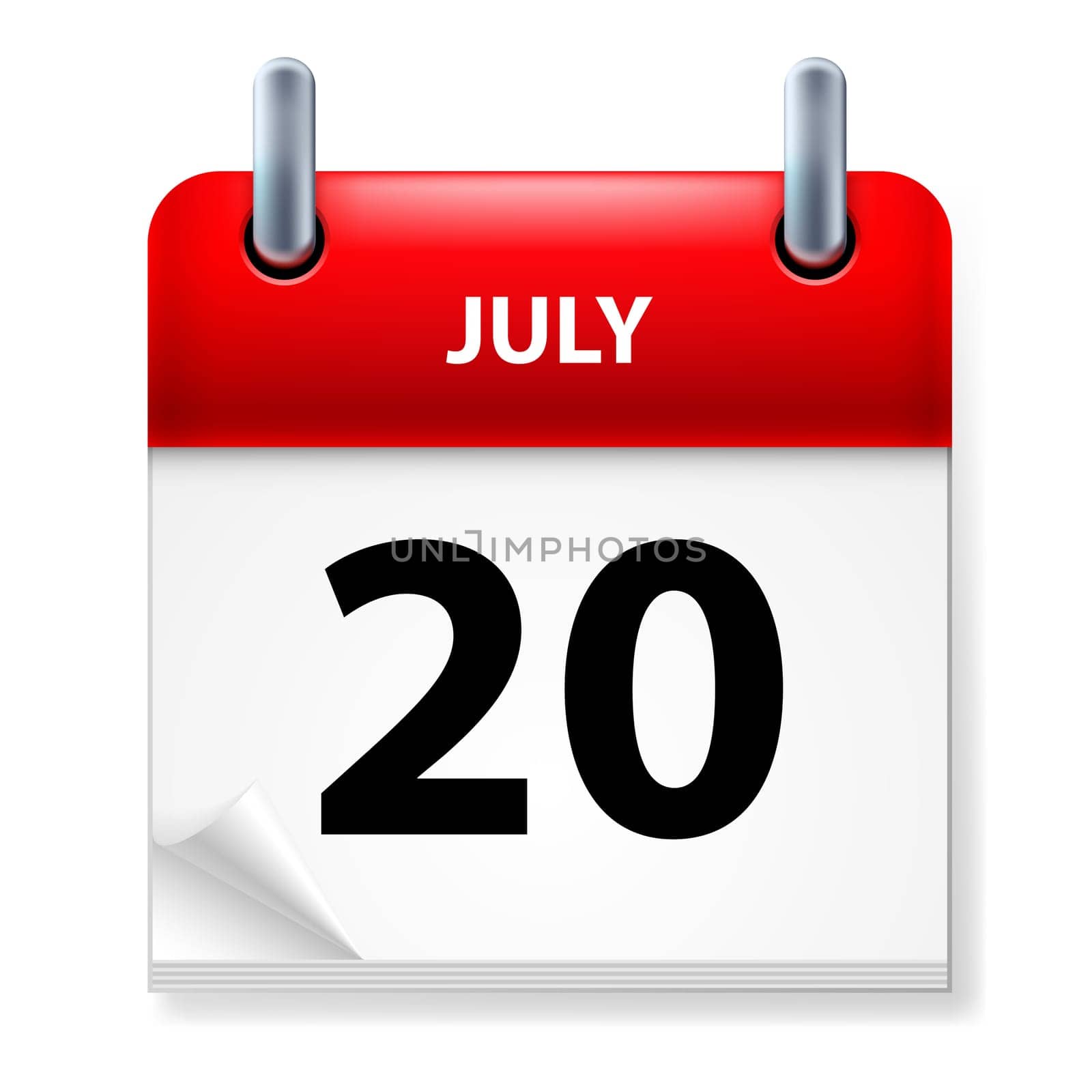 Twentieth July in Calendar icon on white background