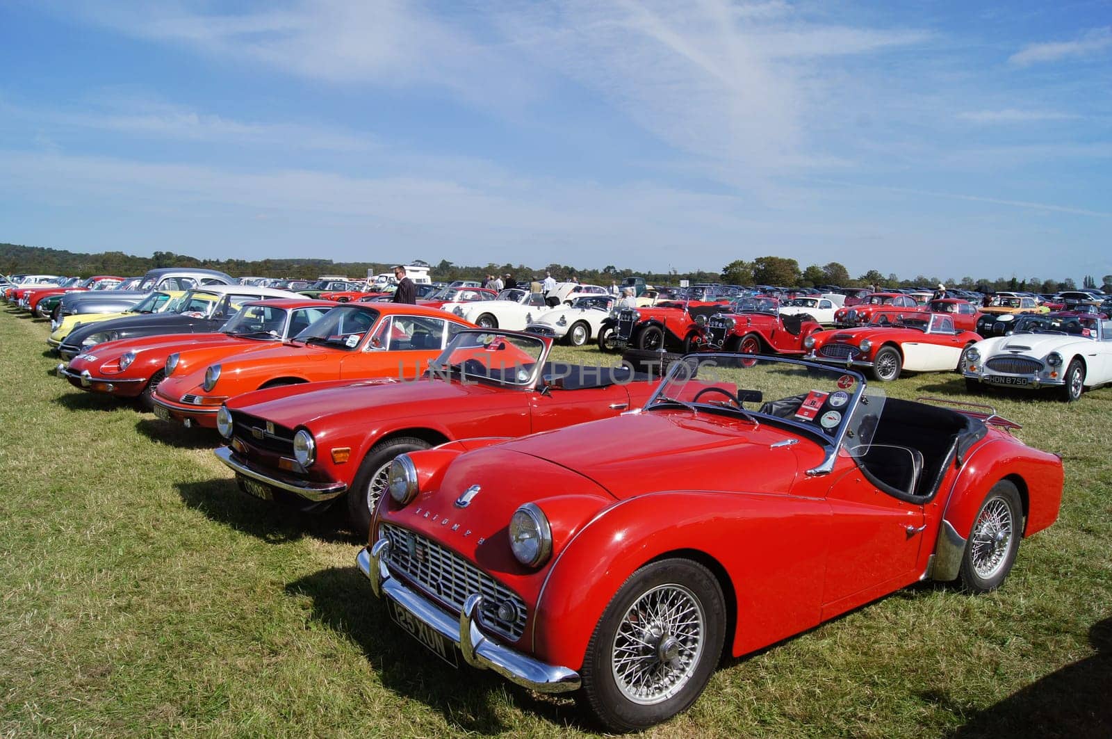 Classic sports cars including Triumph TR3 and TR6, Porsche and Jaguar parked at