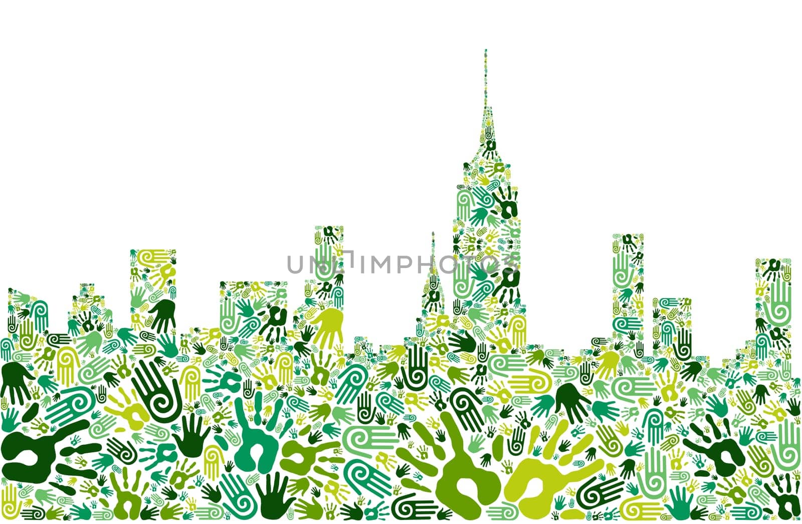 Go green crowd human hands icons in city skyline composition isolated over white. Vector file layered for easy manipulation and custom coloring