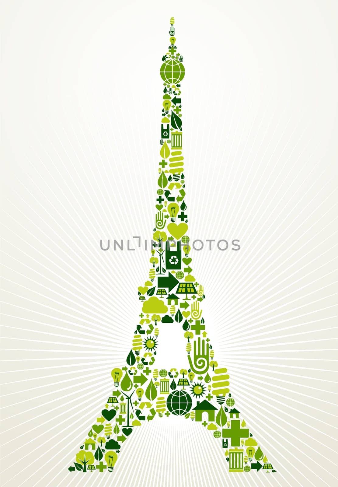 Paris go green. Eco friendly icon set in Eiffel Tower shape illustration background. Vector file layered for easy manipulation and custom coloring.